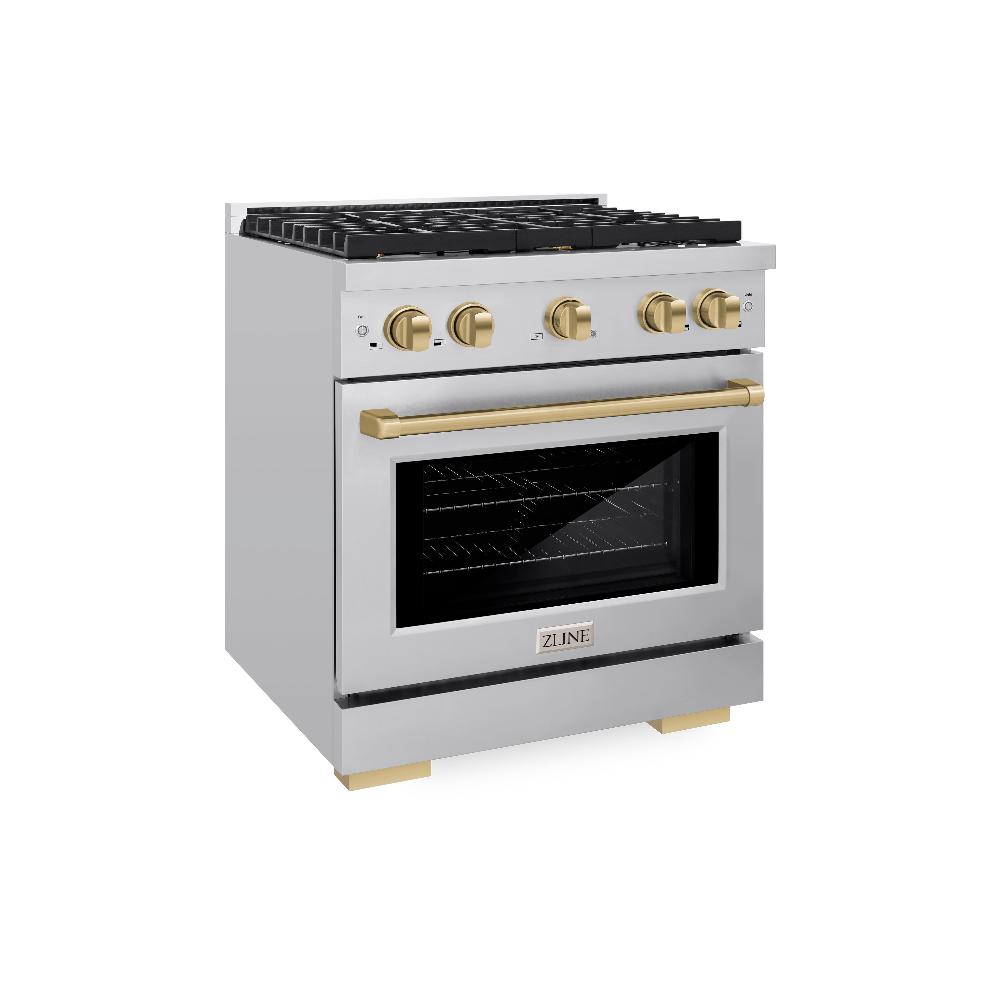 ZLINE Autograph Edition 30-inch 4.2 cu. ft. Dual Fuel Range - Stainless Steel with Champagne Bronze Accents - 4 Burner Gas Cooktop & Electric Convection Oven - Perfect for Modern Kitchens & Professional Cooking (Model SDRZ 30 CB)
