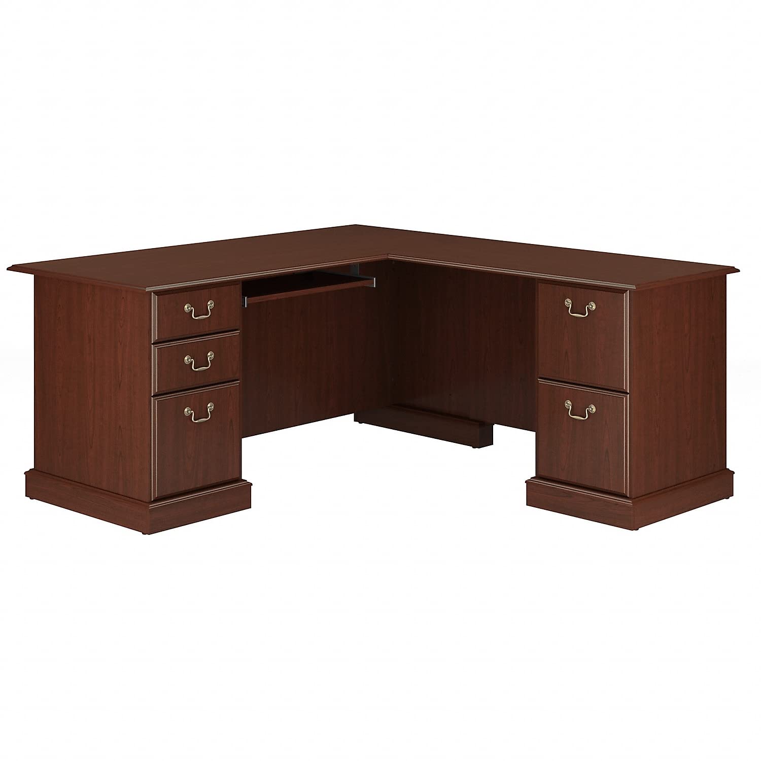 Bush Furniture Saratoga L-Shaped Computer Desk in Harvest Cherry - Home Office Desk with Keyboard Tray & Storage Shelf for Small Spaces, Gaming, and Remote Work