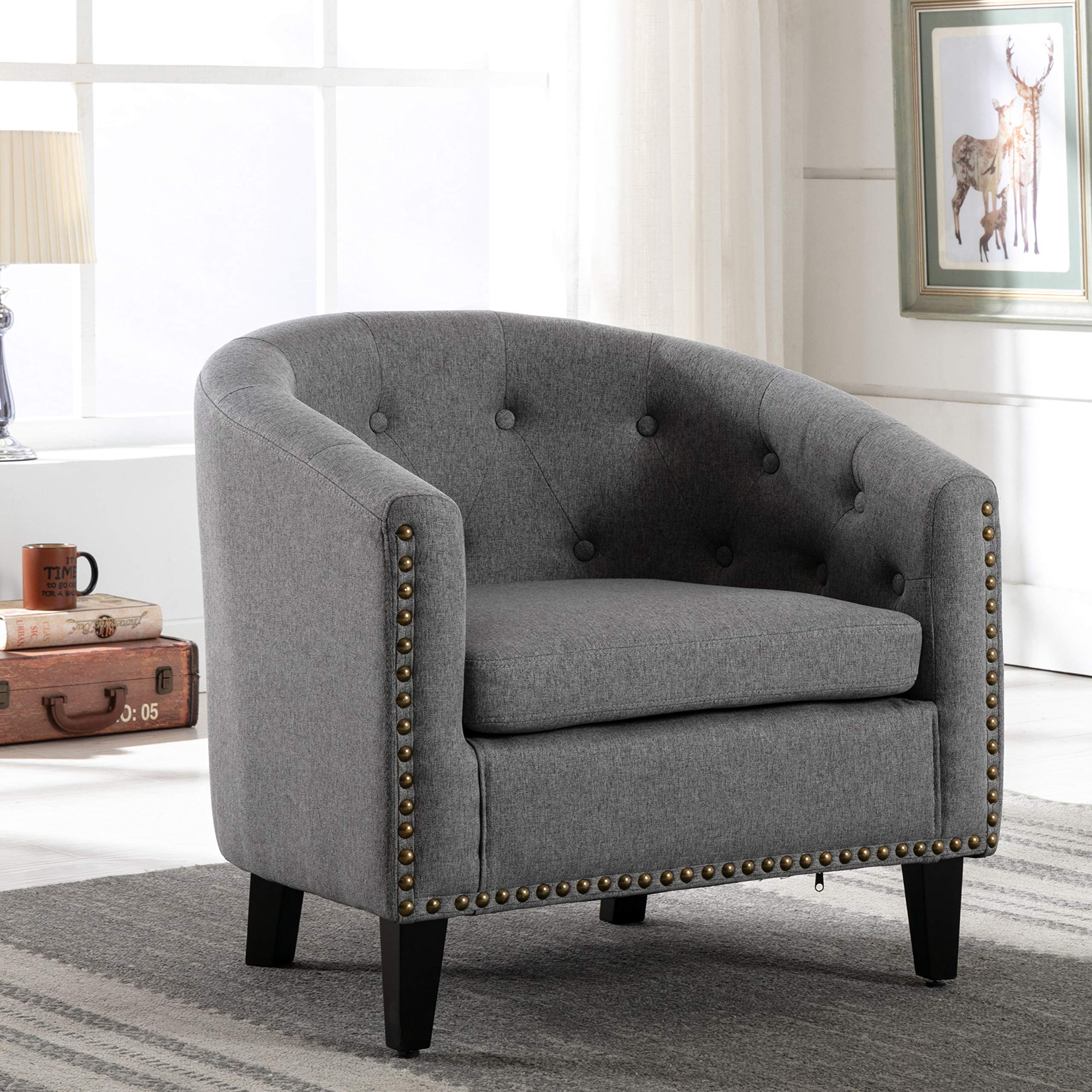 HomVent Accent Barrel Chair - Upholstered Arm Club Chair with Nailhead Trim & Solid Wood Legs, Grey Fabric Side Chair for Living Room, Bedroom & Reception Areas | Perfect for Reading Nooks, Lounge Spaces & Home Offices