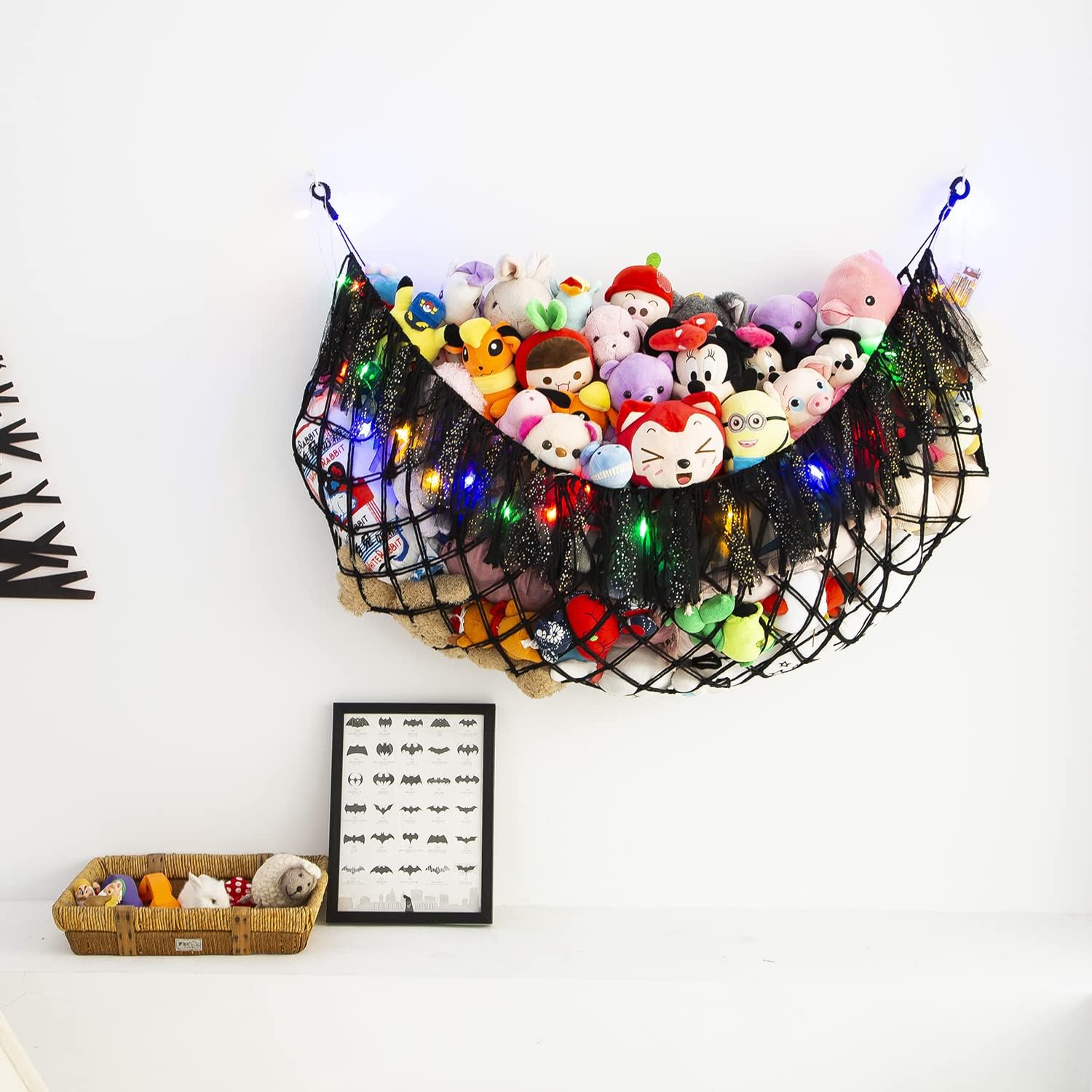 Large Stuffed Animal Hammock with LED Lights - Wall Mounted Plush Toy Organizer for Squishmallows, Boho Macrame Corner Hanging Net - Nursery, Bedroom & Playroom Storage Decor (Black) - Perfect for Kids' Room Organization & Cozy Plushie Display