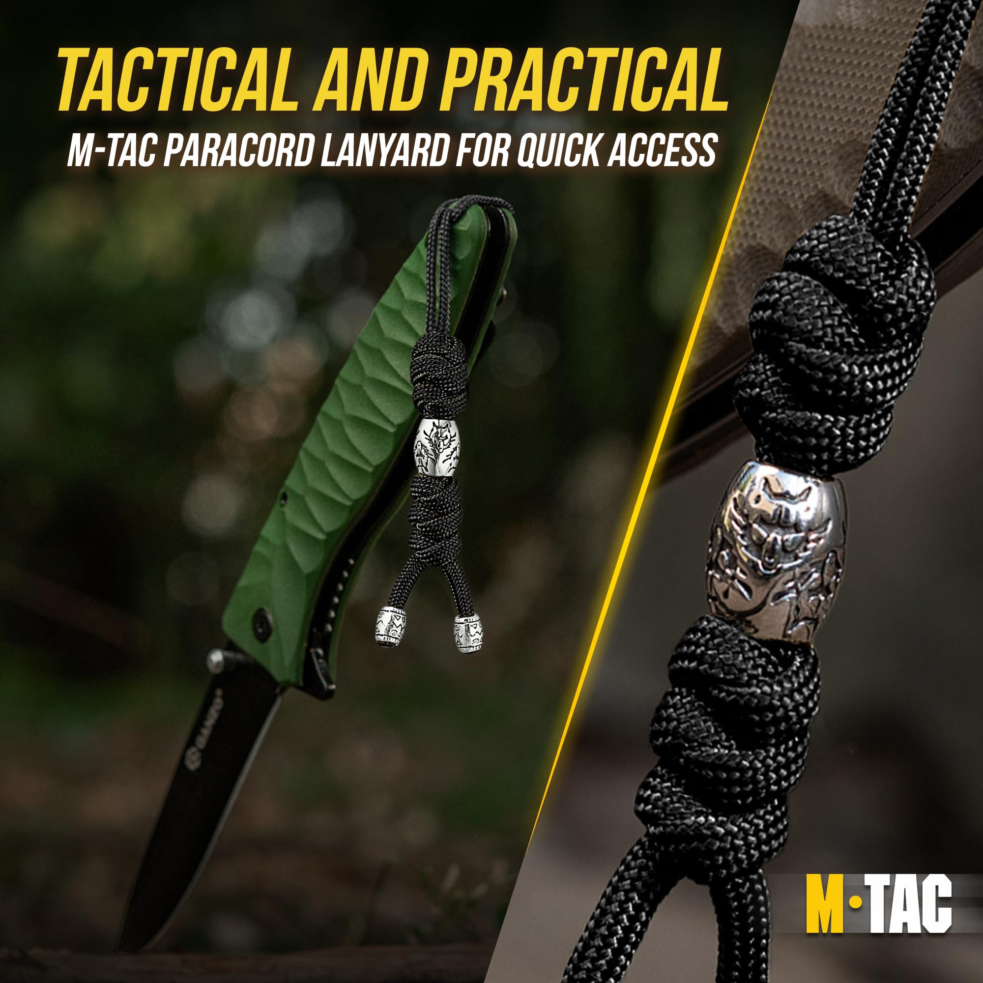 M-Tac Tactical Paracord Knife Lanyard with Beads - Zeus Stainless Steel Black - Survival Gear for Outdoor Camping, Hiking & EDC Accessories