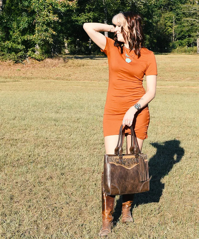 Montana West Genuine Leather Tooled Fringe Tote Bag for Women - Stylish Western Handbag for Work, Travel & Everyday Use