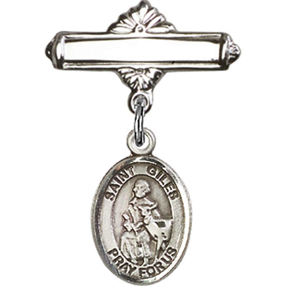 Sterling Silver Baby Badge with St. Giles Charm - 1 X 5/8 Inches Polished Pin - Perfect for Christening, Baptism & Baby Blessing Gifts