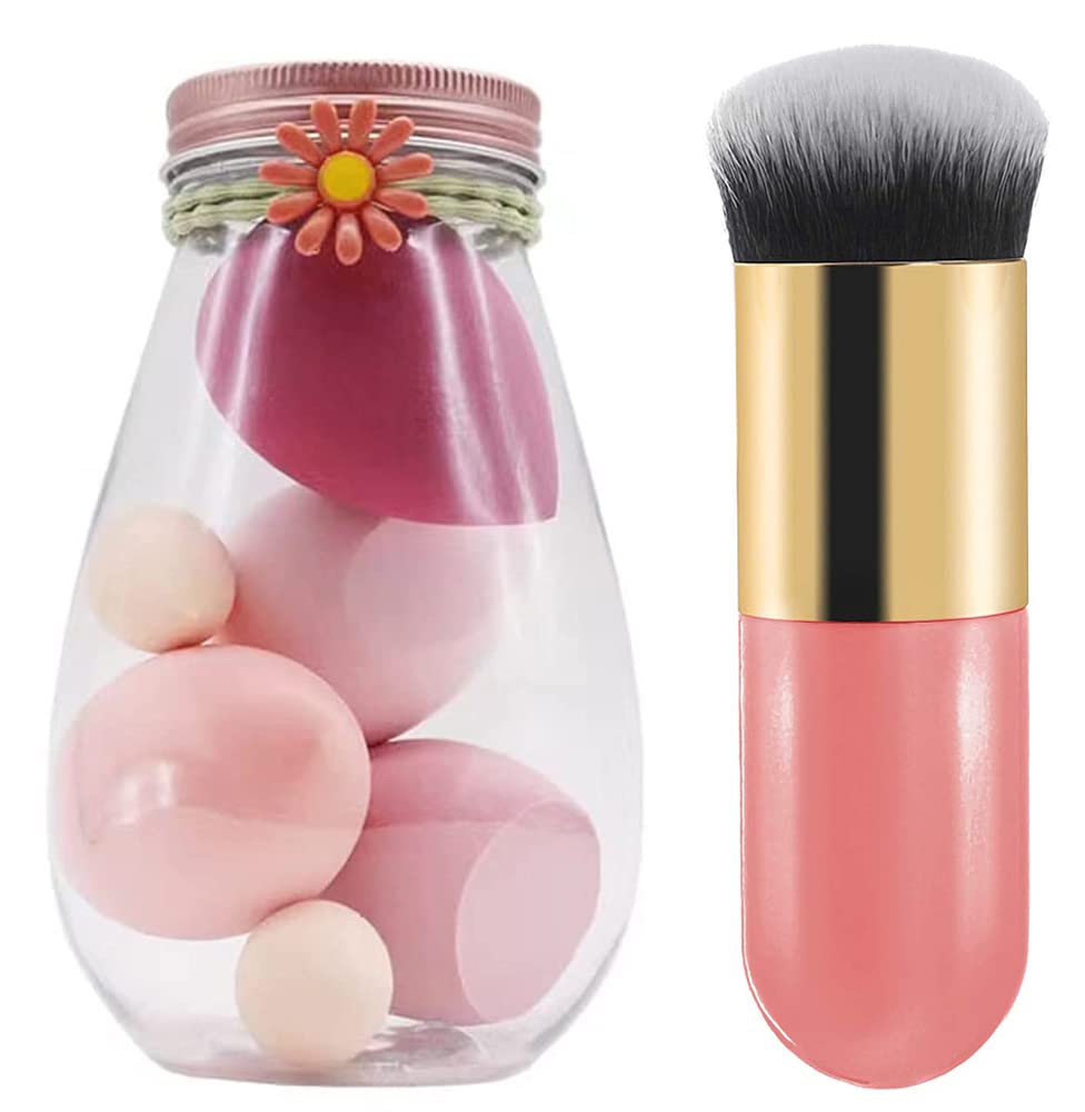 5Pcs Beauty Blender Set - Teardrop Foundation Sponge & Makeup Puff with Flower Hair Band & Gift Bottle | Soft Chubby Makeup Egg Sponge for Flawless Blending | Perfect for Daily Makeup, Travel & Professional Makeup Artists
