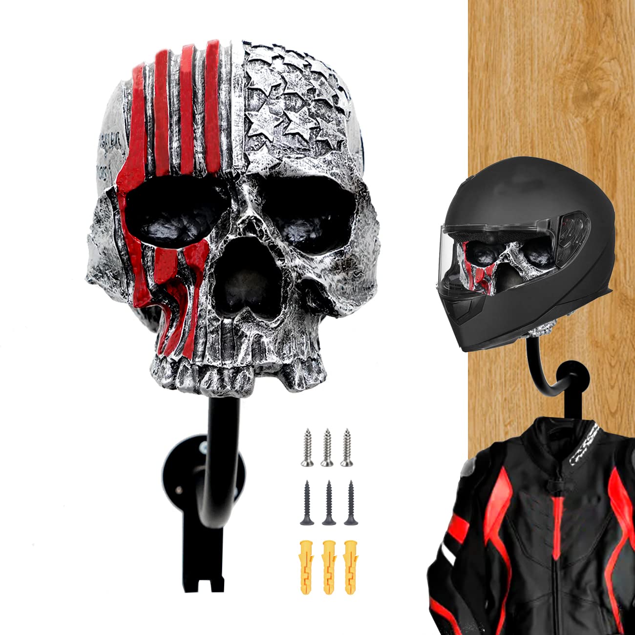 Red Skull Motorcycle Helmet Wall Mount Rack with 2 Hooks - Heavy Duty Helmet Holder for Motorcycle, Baseball, Rugby Helmets & Coat Hanger - Perfect for Garage, Bedroom or Entryway Organization