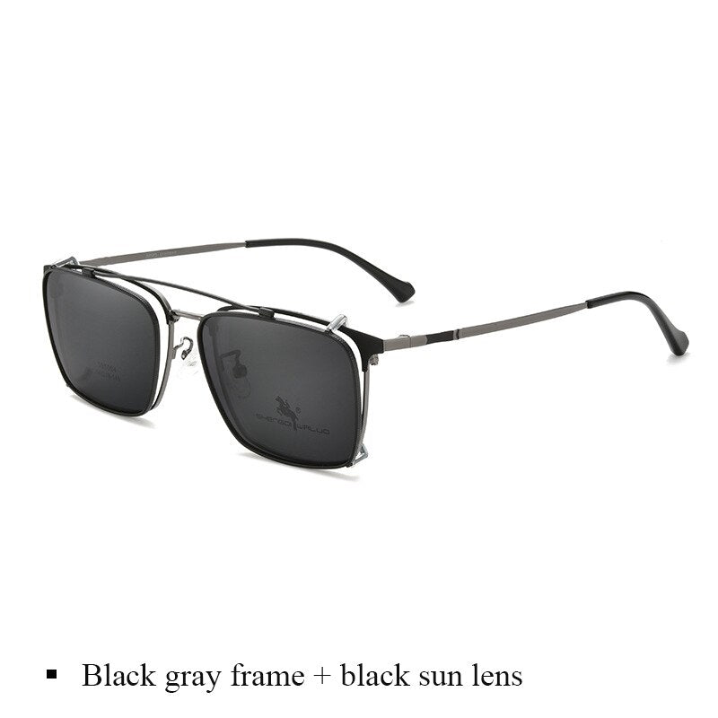 Bclear Men's Full Rim Square Alloy Frame Eyeglasses with Clip-On Polarized Sunglasses ZT95004 - Stylish Reading Glasses & Sun Protection for Driving, Outdoor Activities