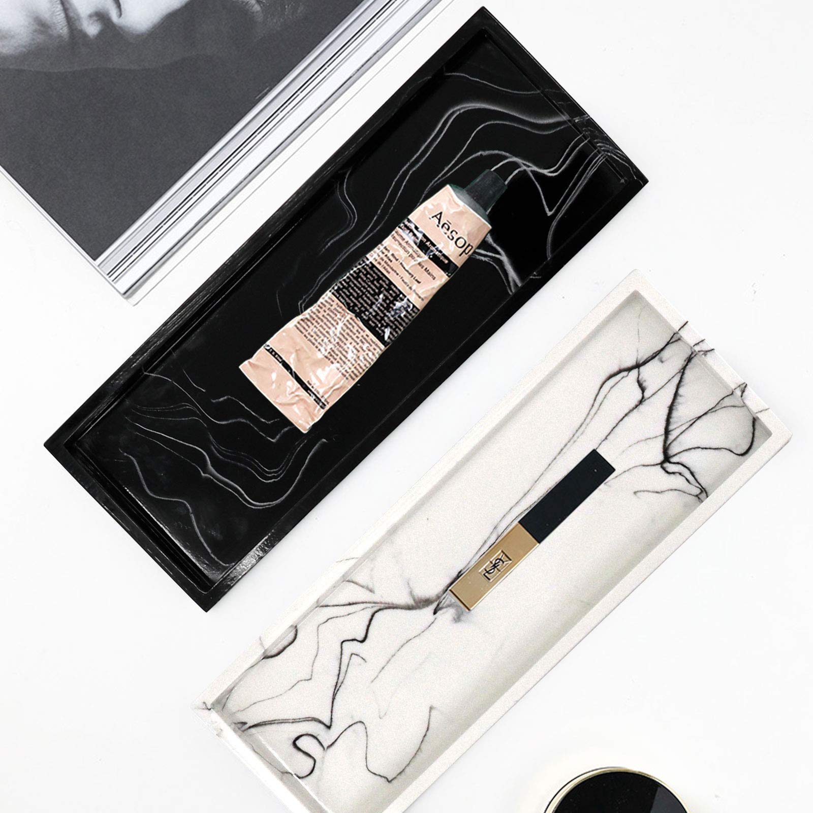 Jolitac Marble Bathroom Tray - Elegant Perfume & Jewelry Organizer with Key Holder | Decorative Ring Trinket Tray for Vanity, Kitchen Countertop, Coffee Table | Perfect for Tissues, Candles, Soap & Towels | Stylish Home & Bathroom Decor