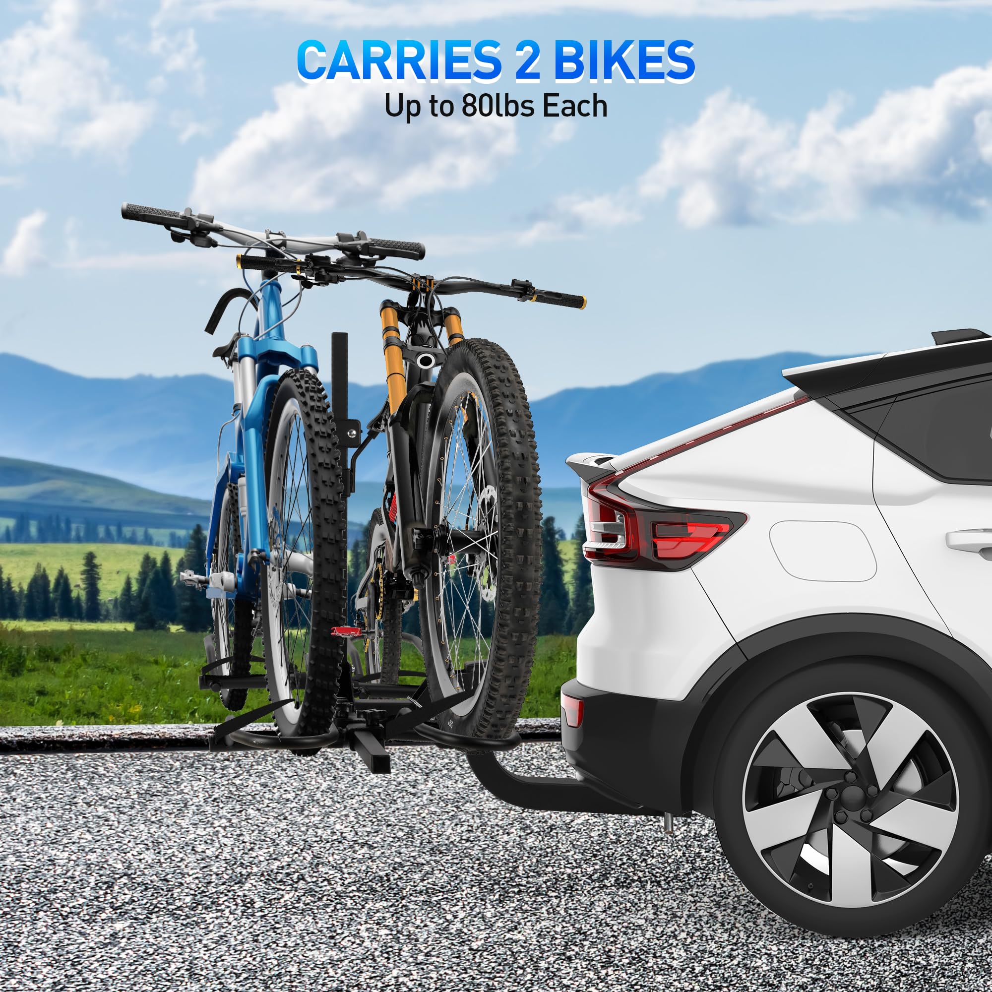 Rengue 2-Bike Hitch Bike Rack - Anti Wobble Smart Tilting Folding Design, 160 lbs Capacity for Standard/Fat Tire/Electric Bikes - 2-Inch Receiver - Perfect for Road Trips, Camping & Outdoor Adventures