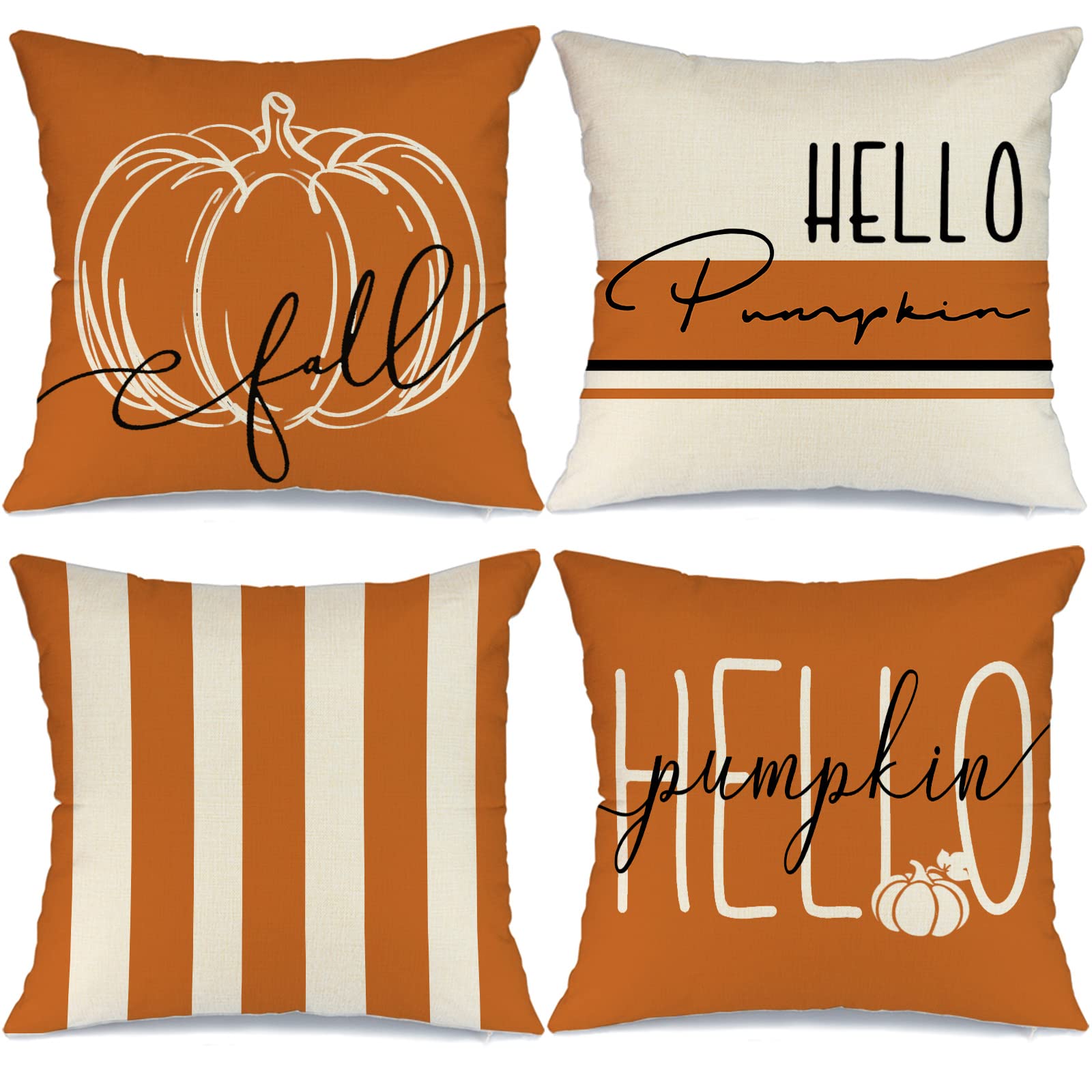 GEEORY 18x18 Inch Fall Pillow Covers Set of 4 - Pumpkin Orange Striped Decorative Throw Pillow Cases for Couch, Sofa & Outdoor Decor | Farmhouse Thanksgiving & Autumn Home Decor