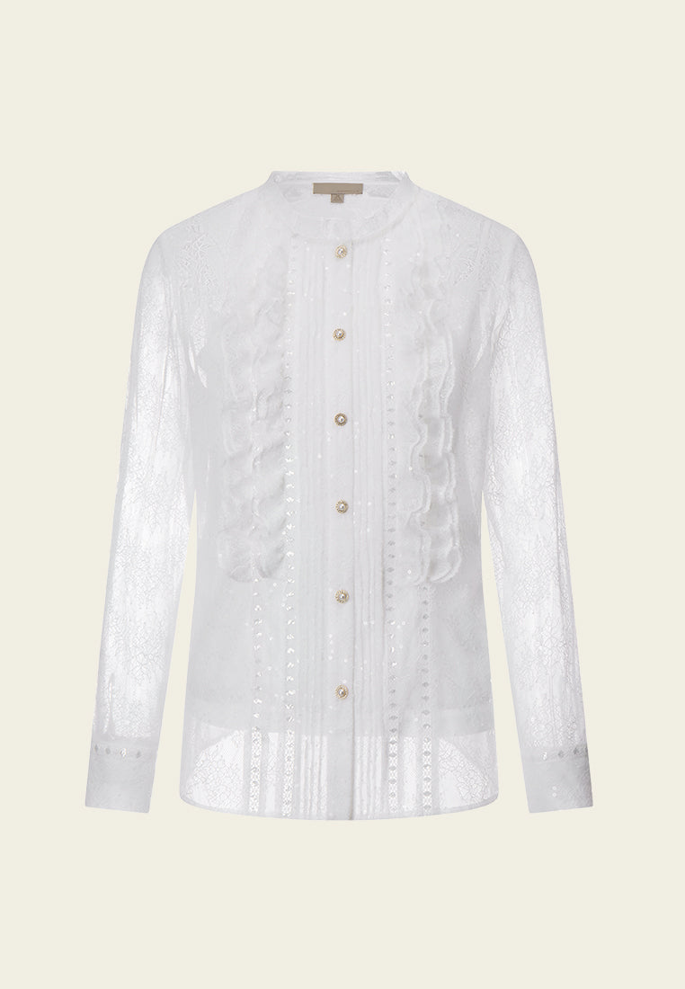 Elegant Lace Shirt with Ruffle Trim, Sequin Details & Embellished Buttons - Perfect for Parties, Weddings & Special Occasions