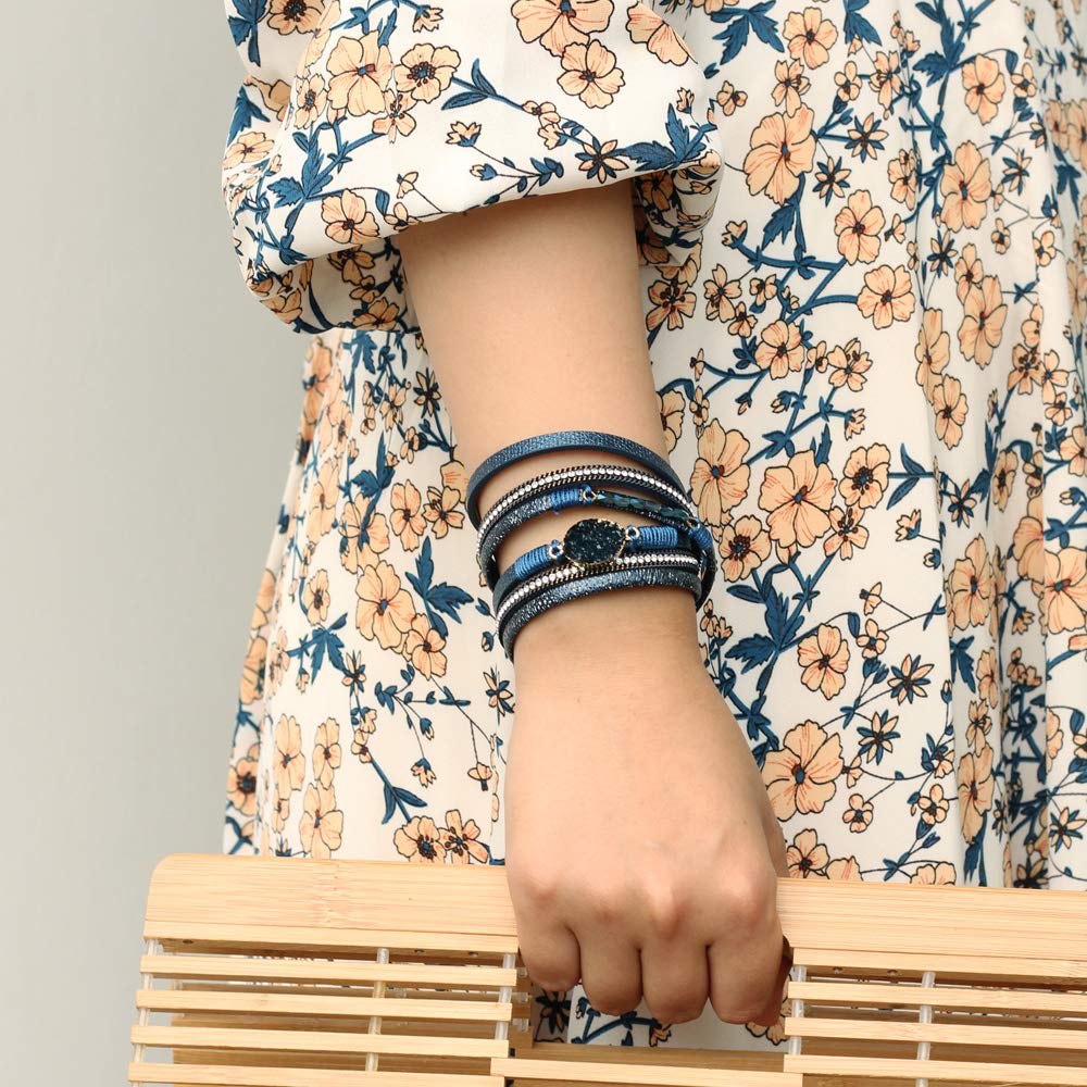 Boho Leather Double Wrap Cuff Bracelet with Crystal Beads & Magnetic Clasp - Shiny Stackable Jewelry Gift for Women | Perfect for Festivals, Boho Chic Outfits & Layered Arm Candy