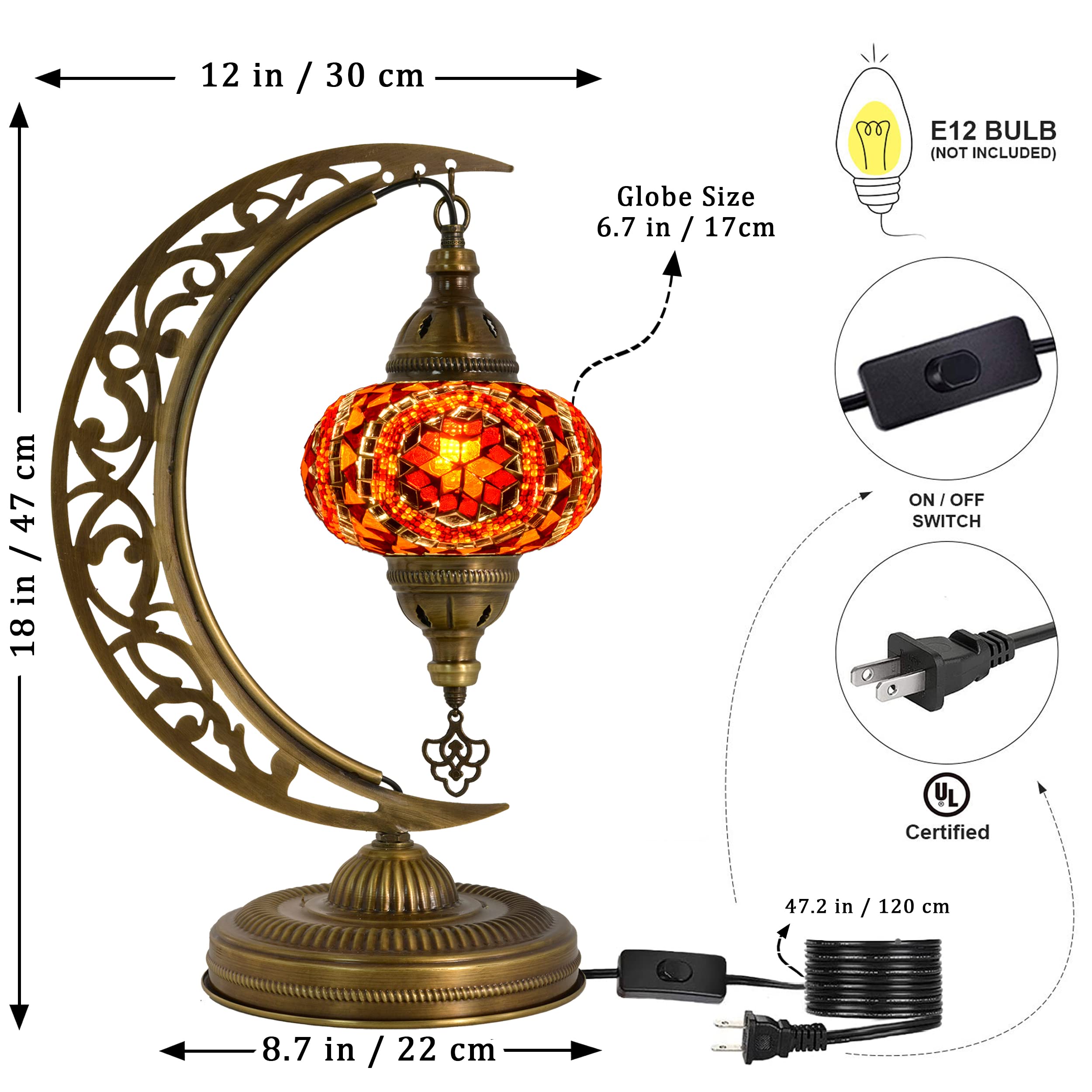 Handmade Turkish Mosaic Crescent Moon Table Lamp - Moroccan Boho Farmhouse Decor with E12 Socket & US Plug (Orange & Red) | Perfect for Bedroom Nightstand, Living Room Accent Lighting & Cozy Home Decor