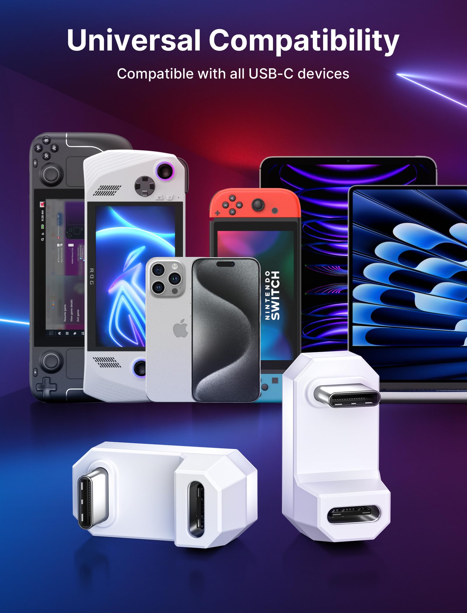 JSAUX 180° USB-C Adapter 2 Pack - 100W PD for ROG Ally, Steam Deck, Switch & More - White