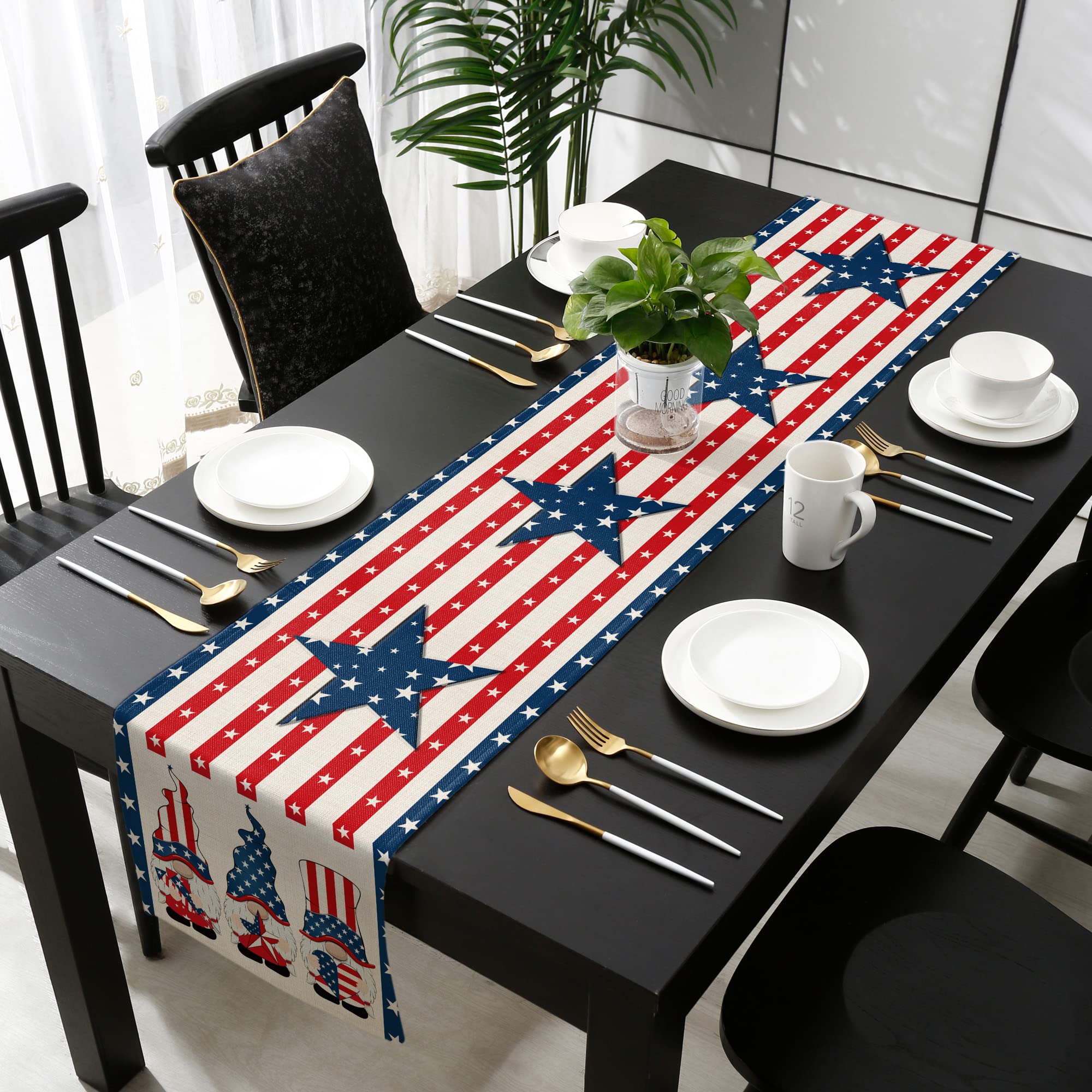 American Flag Day Gnome Table Runner - 13x90 Inch Patriotic Stripe & Star Design - Washable for Round, Kitchen, Coffee & Dining Tables - Perfect for Independence Day & Home Decor