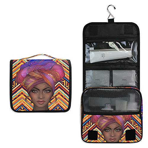 ALAZA African American Women's Ethnic Zigzag Travel Toiletry Bag - Hanging Cosmetic Organizer with Hook, Portable Makeup Pouch for Travel, Gym, and Daily Use