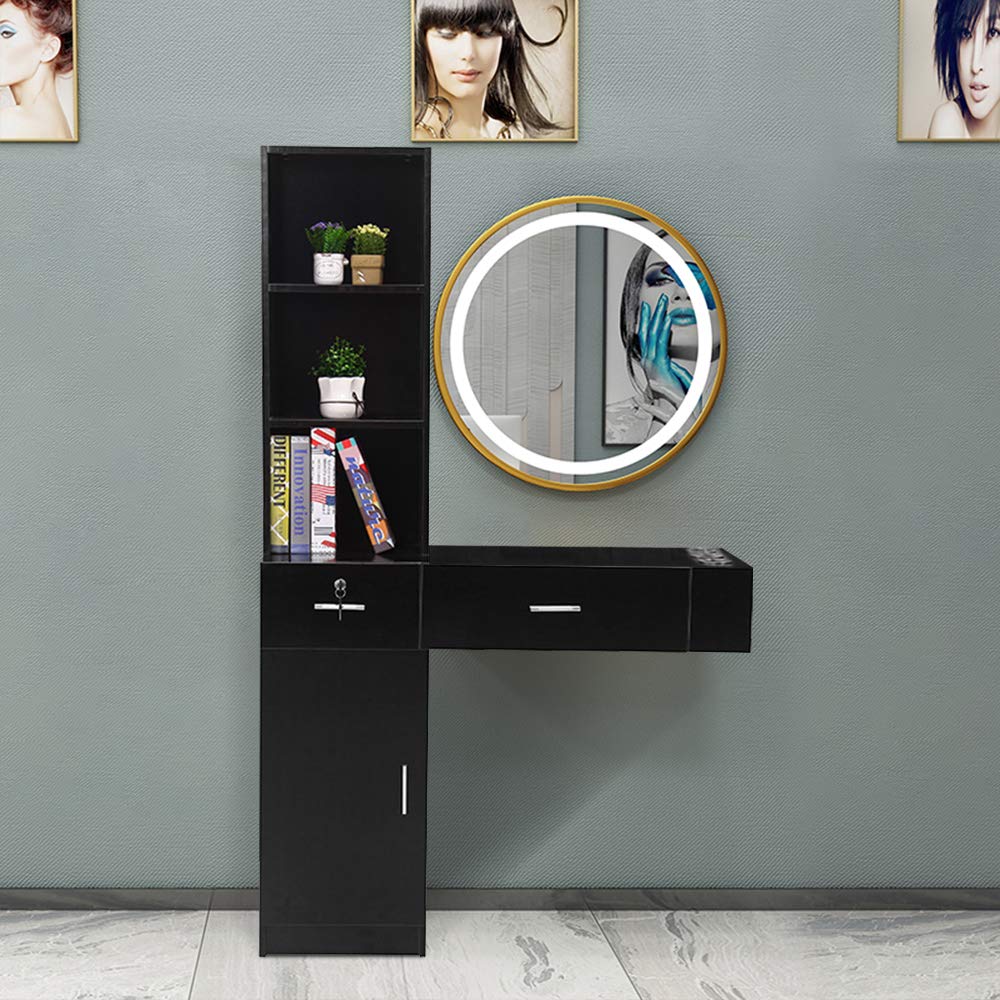 Wall Mounted Salon Storage Cabinet - Black Beauty Salon Organizer with 2 Drawers, 3 Shelves & Cupboard | Professional Styling Station for Hair Tools & Supplies | Perfect for Barbershops, Spas & Home Salons