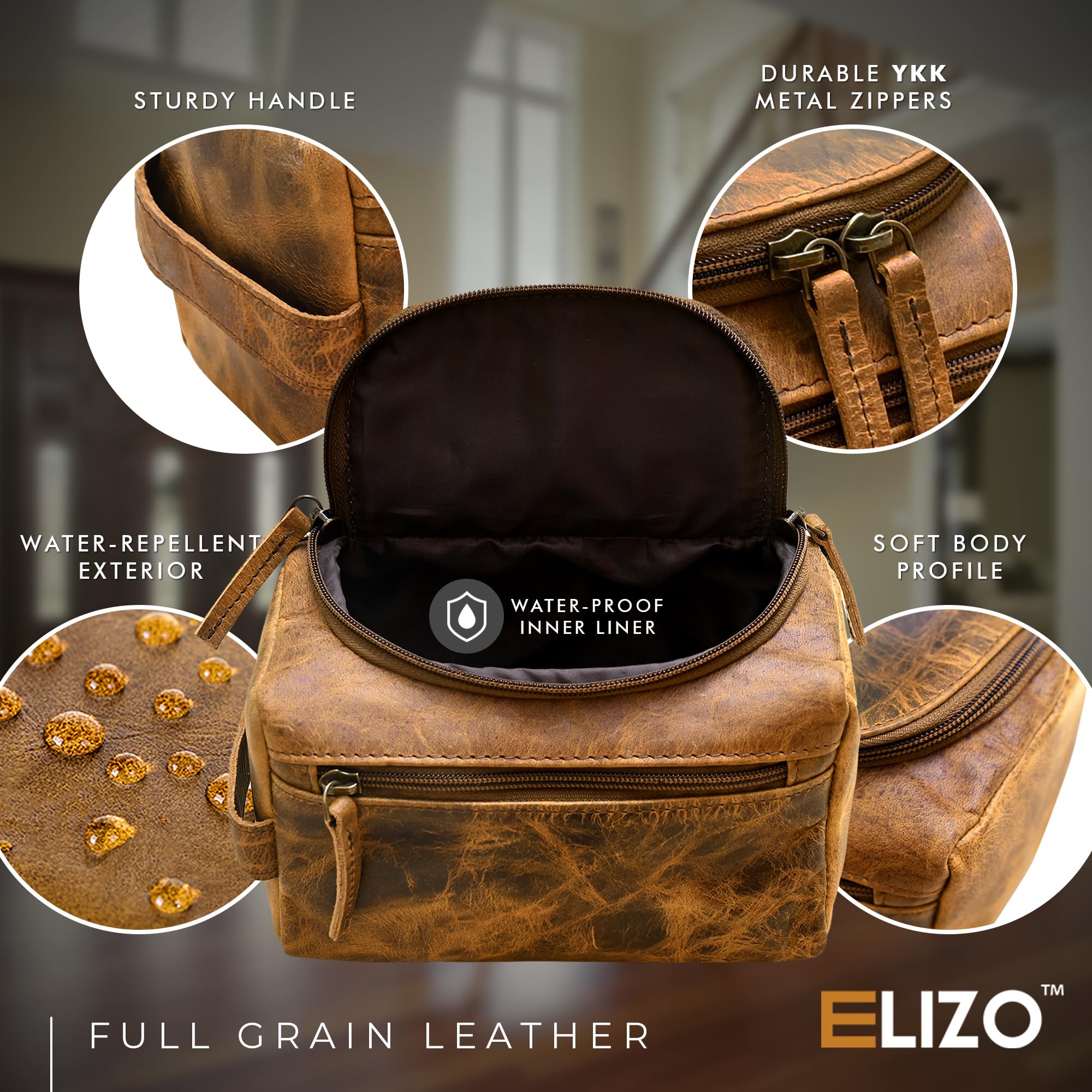 Premium Leather Toiletry Bag for Men - Waterproof Travel Organizer for Shaving & Grooming Essentials | Compact Dopp Kit for Business Trips, Vacations & Gym Use | ELIZO Tuscan Style Durable Men's Travel Bag