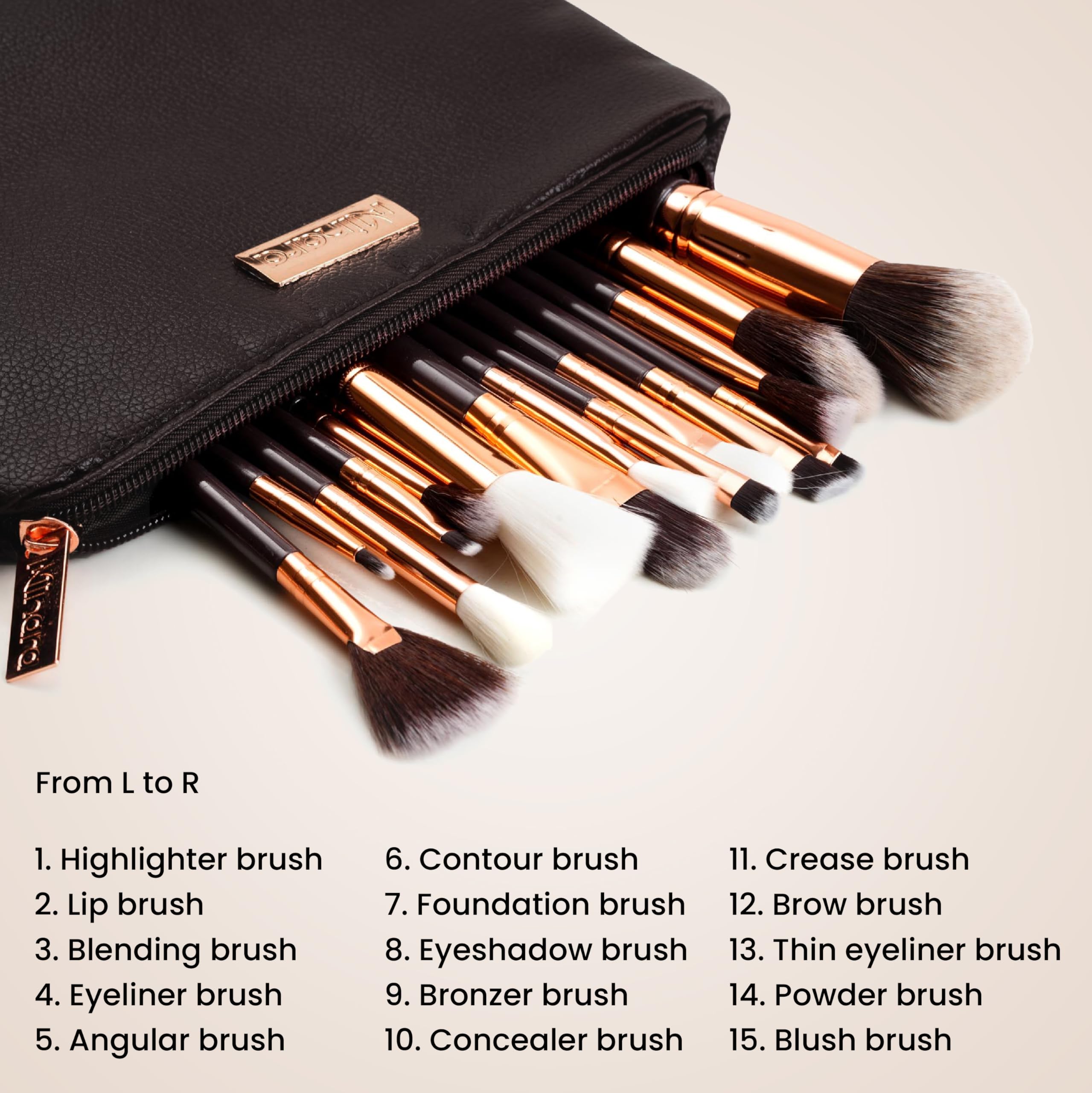 Minara 15-Piece Makeup Brush Set with Travel Pouch (Black) - Professional Foundation, Eyeshadow & Blending Brushes for Women | Portable Cosmetic Brush Kit with Storage Case | Perfect for Travel, Home Makeup & Professional Use