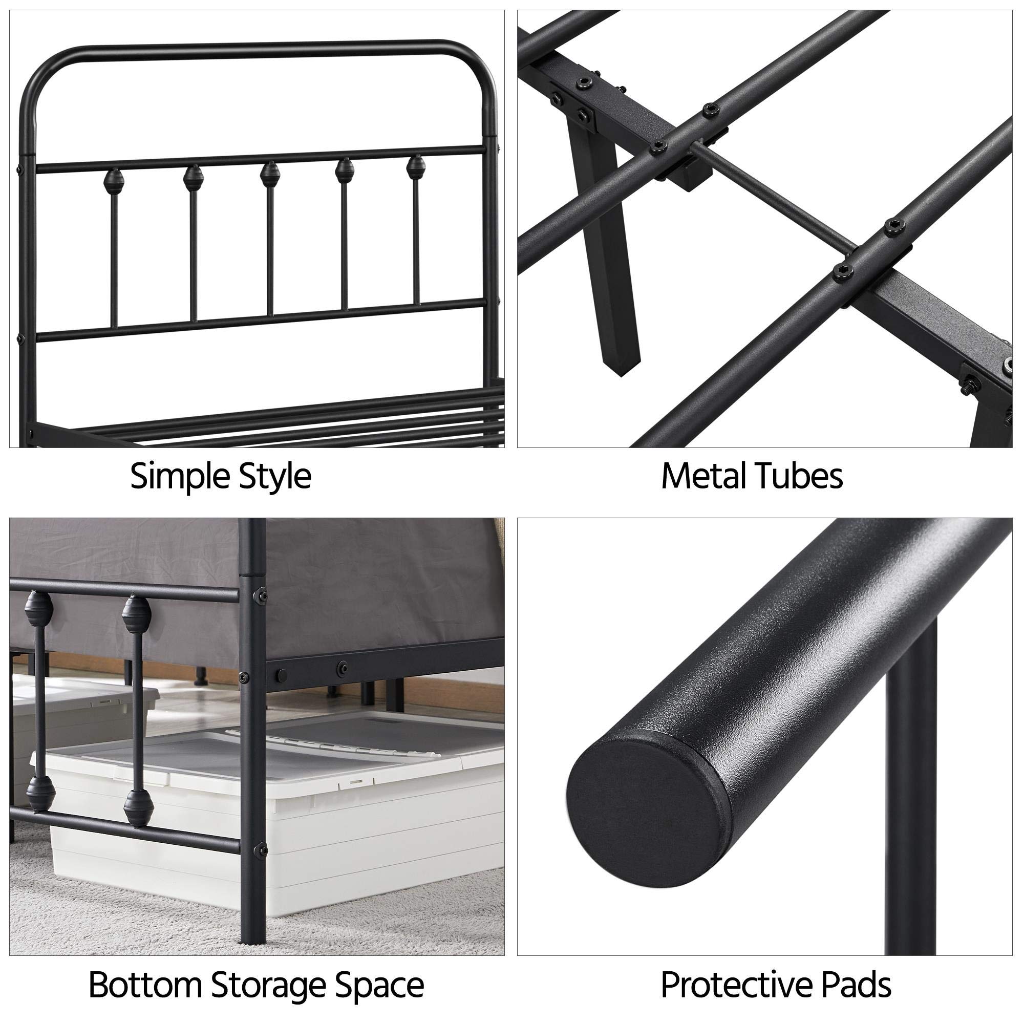 Topeakmart Twin Size Victorian Style Metal Bed Frame with Headboard - No Box Spring Needed, Sturdy Slat Support & Under Bed Storage - Perfect for Small Bedrooms, Guest Rooms & Dormitories (Black)