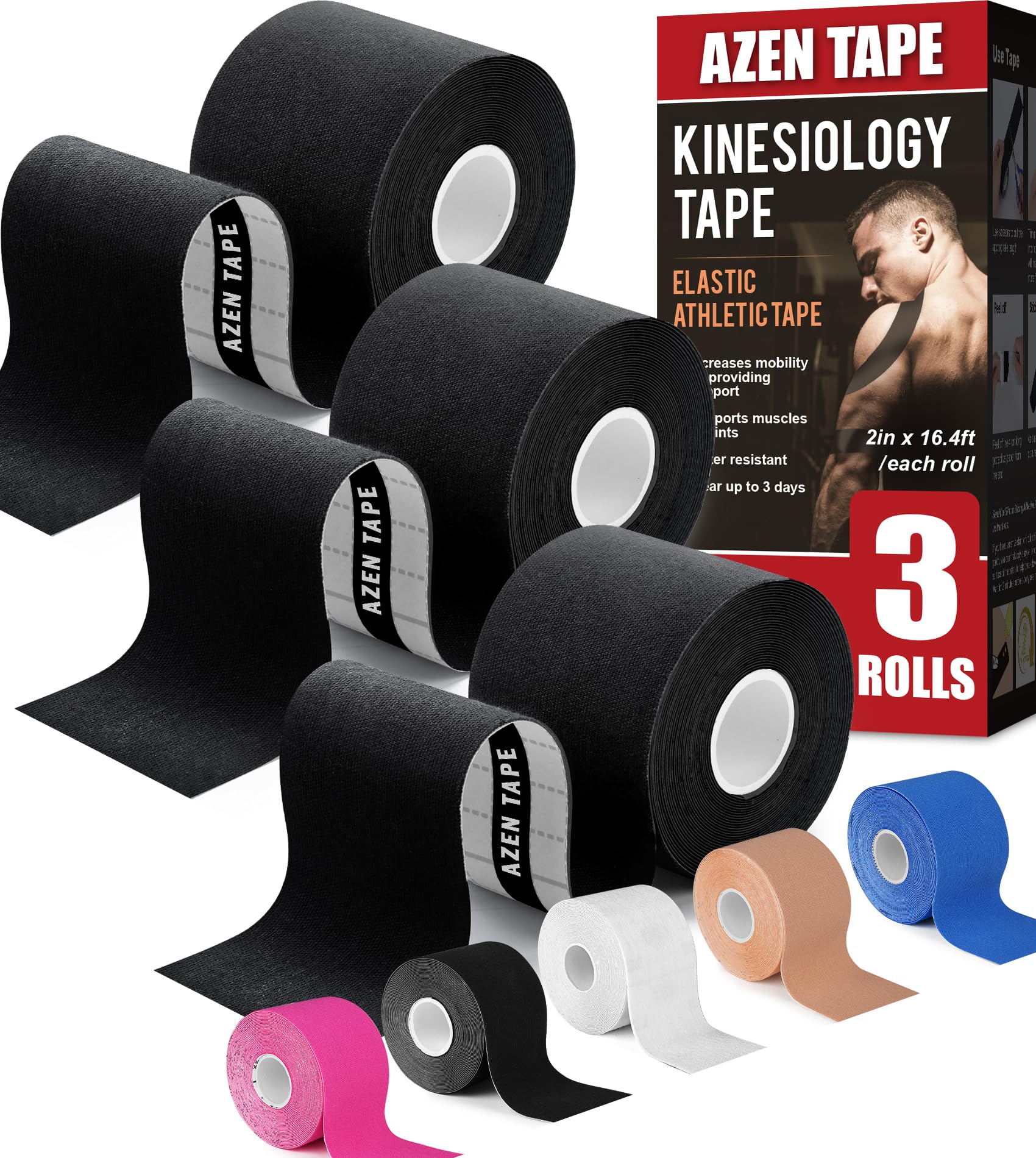 AZEN 3 Rolls Kinesiology Tape - 16.4 ft Waterproof Athletic Tape for Joint Support & Muscle Pain Relief - Uncut Muscle Tape, Knee Tape for Sports Injuries - Black - Ideal for Running, CrossFit & Post-Workout Recovery