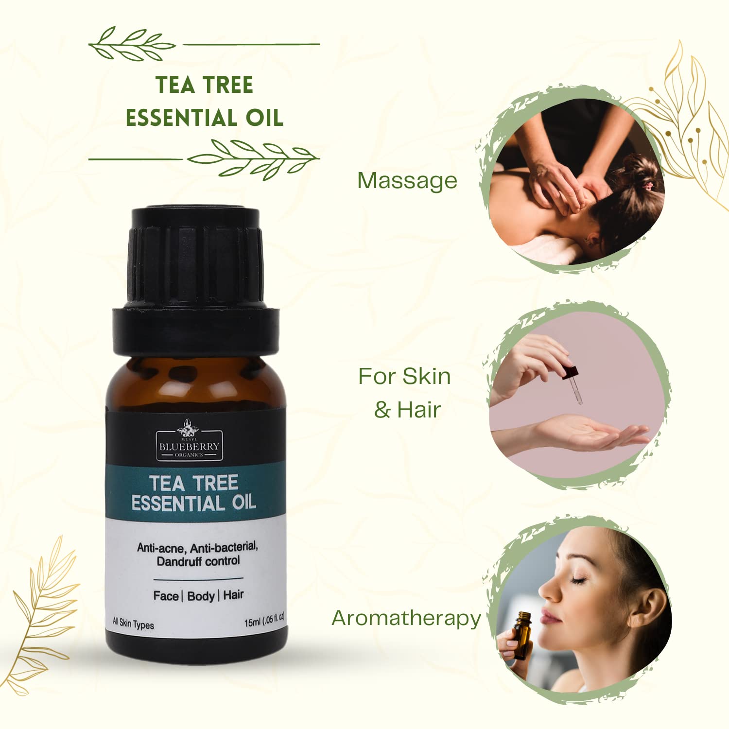 MLSPL Organic Tea Tree Essential Oil for Skin, Hair & Acne Treatment - 100% Pure Natural Aromatherapy Oil for Face Care, Scalp Health & Blemish Relief - 15ml Bottle - Perfect for DIY Beauty, Massage & Home Spa