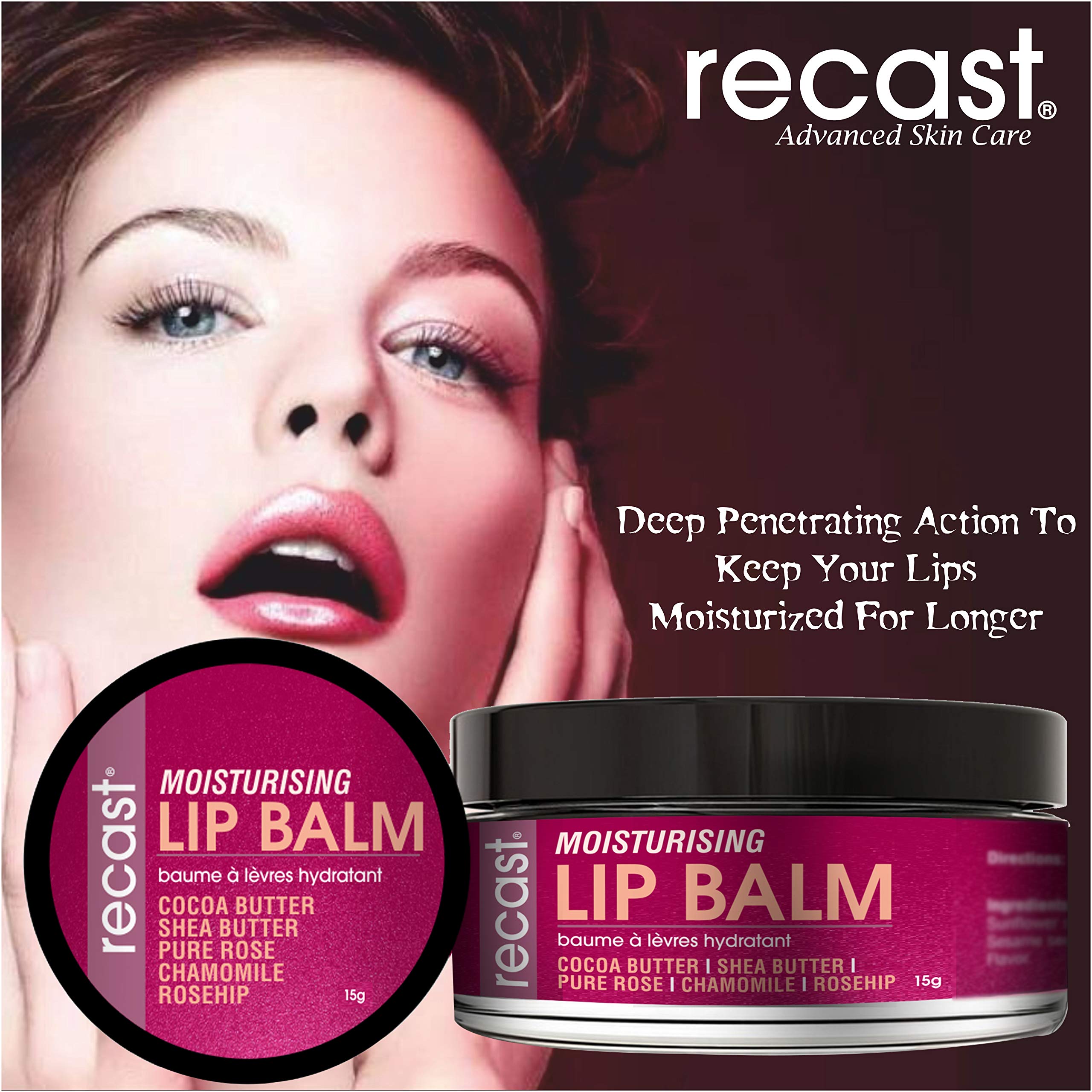 Recast Moisturizing Lip Balm - Lightening, Restoring & Hydrating with Pure Rose, Cocoa Butter, Shea Butter & Rosehip Seed Oil (15g) - Perfect for Dry Lips, Night Care & Daily Lip Protection