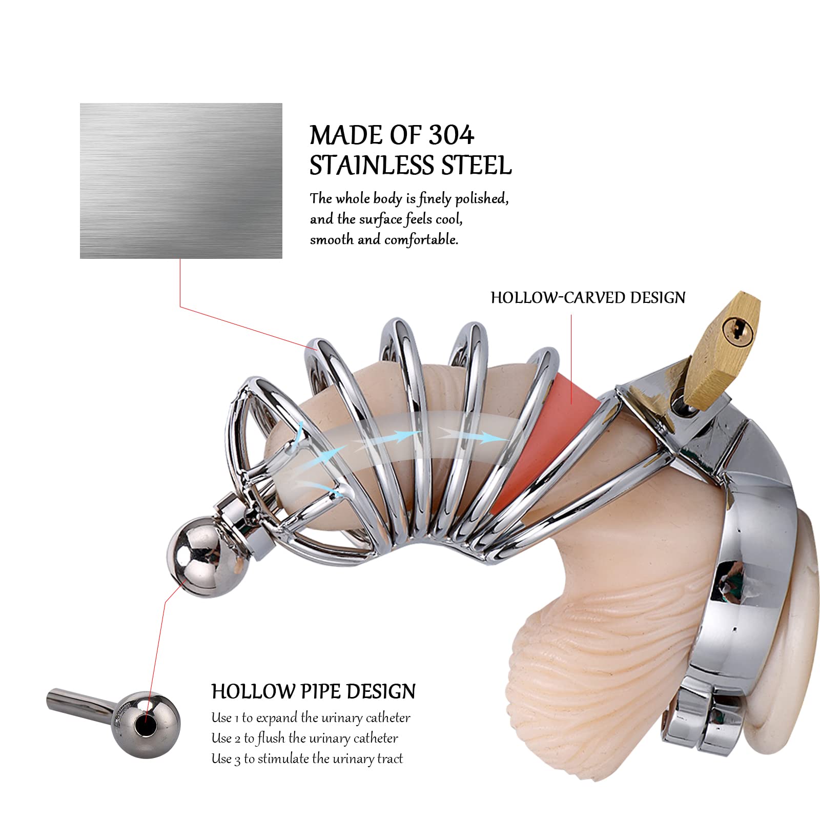 Premium Stainless Steel Cock Cage - Adjustable 3 Ring Sizes with Dilator, Lock & Key | Extreme BDSM Penis Bondage Device for Men | Perfect for Chastity Play, SM Bondage & Couples Fantasy Scenes