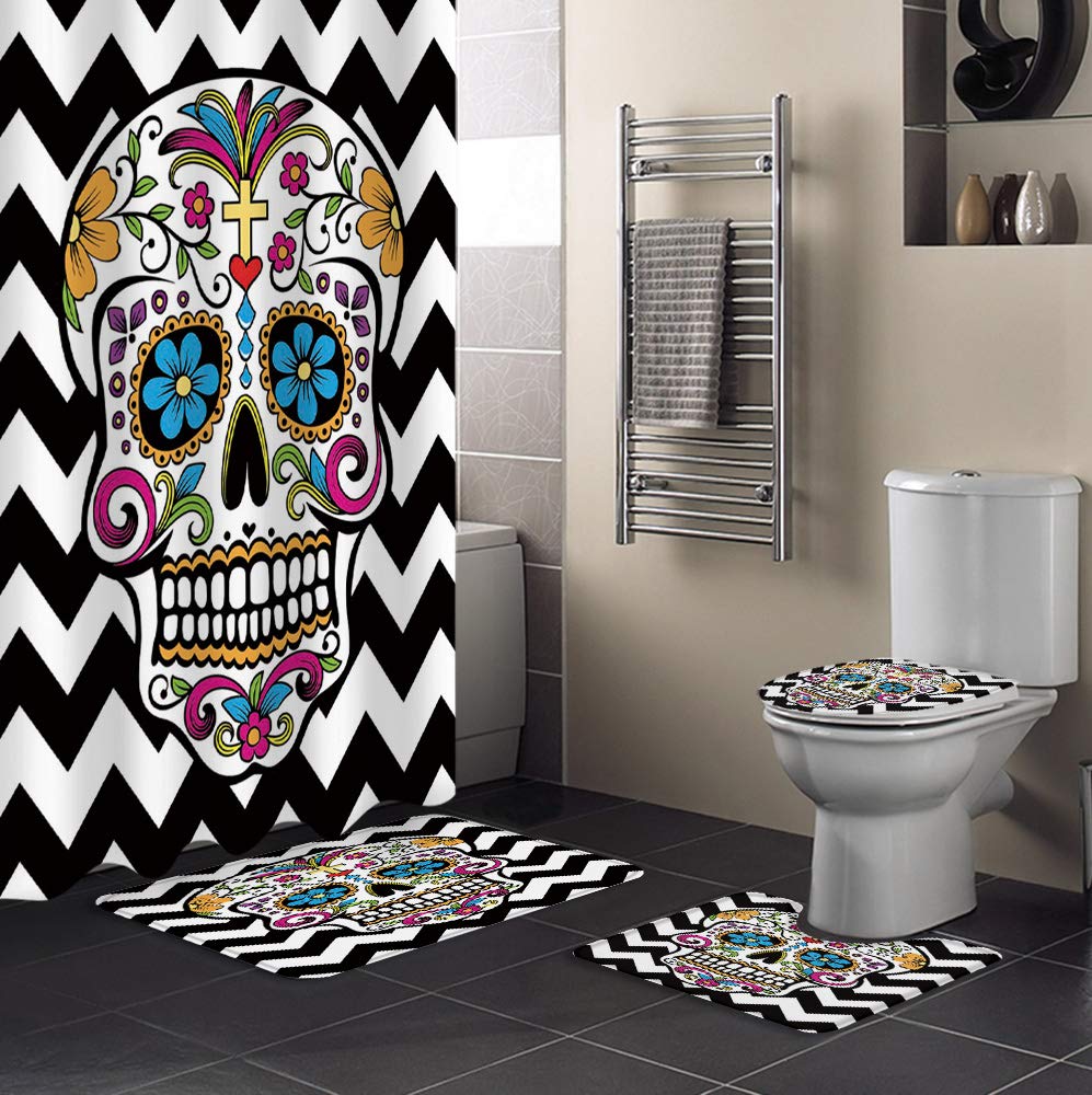 Floral Skull Bathroom Rug Set - 4 Piece Non-Slip Bath Mat, Toilet Cover & Waterproof Shower Curtain with 12 Hooks | Gothic Decor for Bathroom, Laundry Room & Dorm | White & Black Wave Design