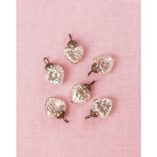 6 Pack Silver Mini Mercury Glass Heart Ornaments - Christmas Tree Decorations for Holiday, Wedding, Party & Home Decor