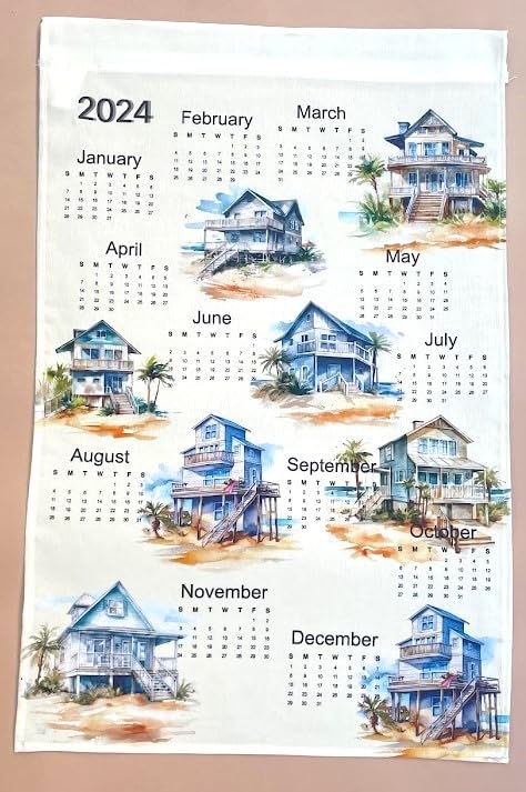 2025 Travel Themed Wall Calendar Towel - Linen Beach Houses Design - Perfect for Home, Office & Vacation Decor - Gift for Men & Women