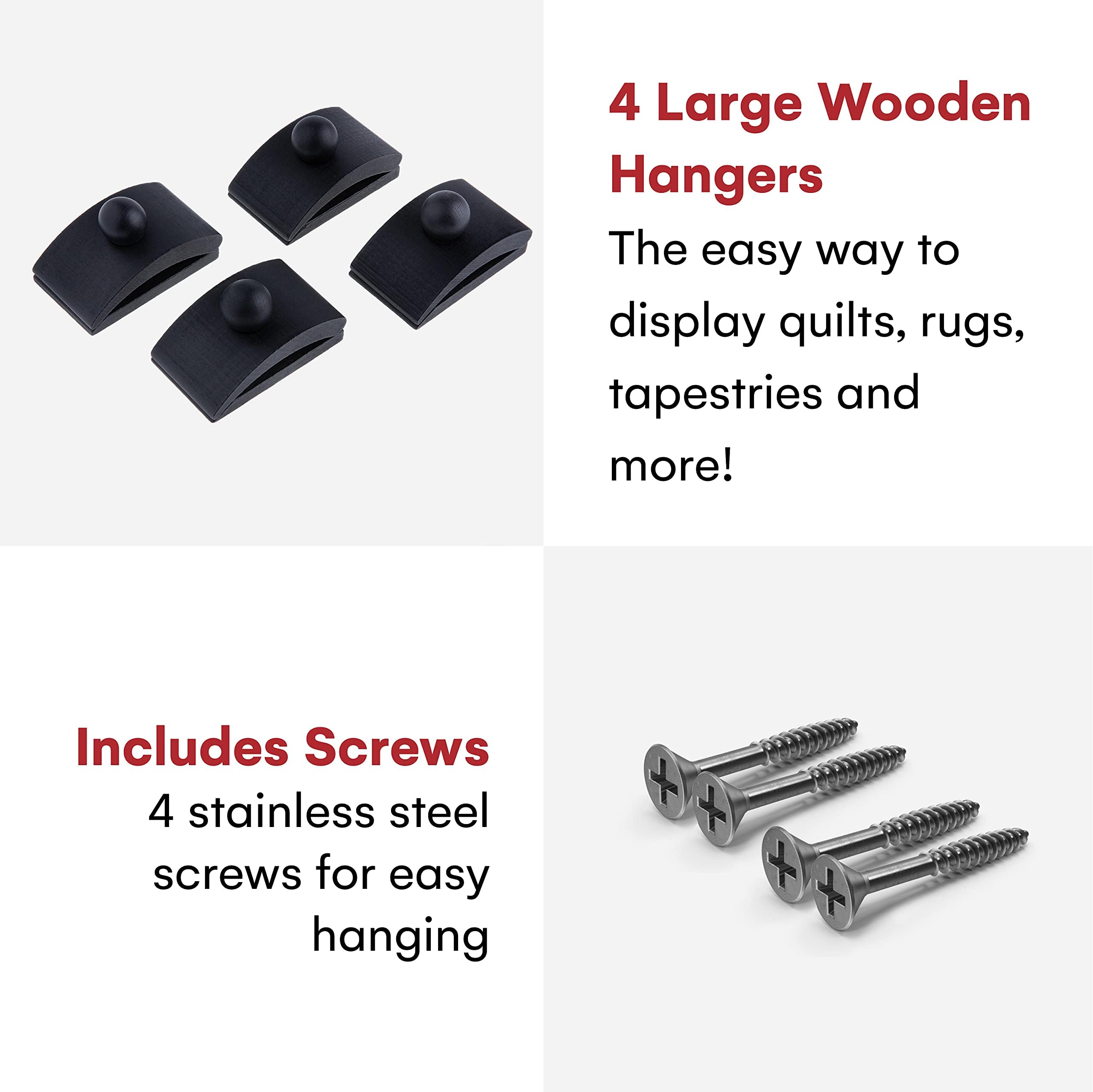 Premium Wooden Quilt Wall Hangers with 4 Large Black Clips & Screws - Heavy Duty Tapestry Hangers for Quilts, Blankets, Wall Decor - Perfect for Bedroom, Living Room, Nursery & Home Decor