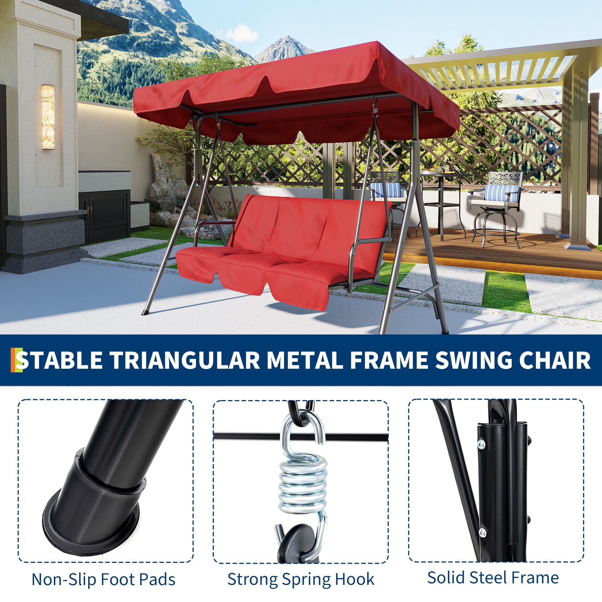 GARVEE 3-Person Patio Swing Chair with Convertible Canopy & Adjustable Tilt - Outdoor Hanging Glider Lounge for Porch, Garden, Backyard - Comfortable Red Swing for Relaxing, Reading & Enjoying Nature