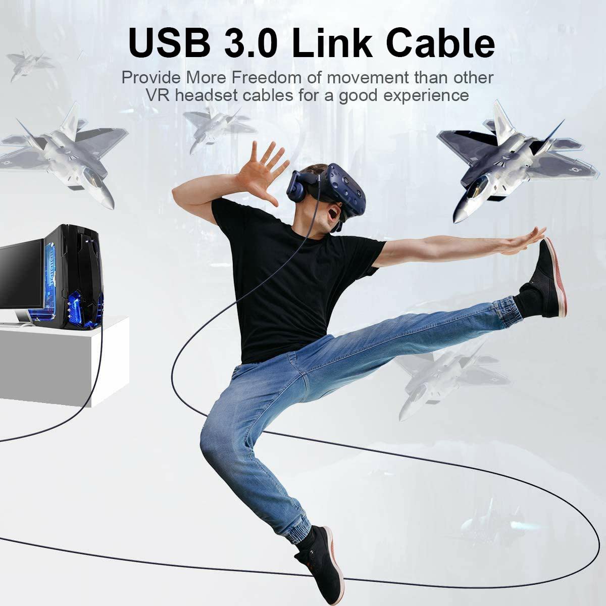 90 Degree Right Angle USB C Cable 3M - Braided USB 3.0 to USB C Fast Charging & Data Sync Cable (5Gbps) - Compatible with Meta Quest 2, Pico 4, Samsung Galaxy S8/S9/S10, HTC 10, Sony Xperia XZ, LG Phones - Perfect for VR Gaming, PC Accessories & Steam VR Setup