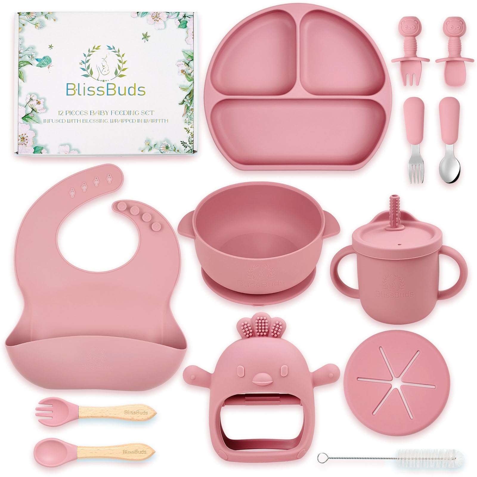 BlissBuds 15-Piece Silicone Baby Feeding Set - Suction Plates, Bowls, Bibs, Spoons, Forks, Sippy Cup & Teether for Baby-Led Weaning | BPA-Free, Non-Slip, Dishwasher Safe | Ideal for Infants 6+ Months (Pink) - Perfect for Mess-Free Mealtime, Travel & Daycare Use