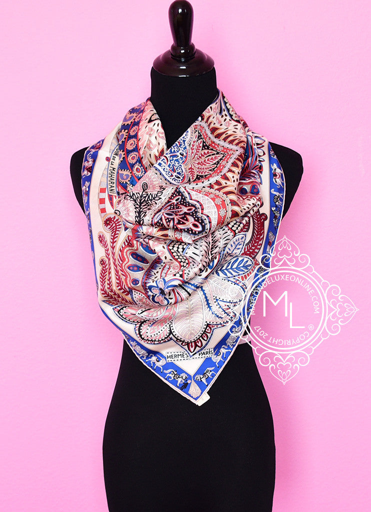 Hermes Blue Pink Twill Silk Scarf 90cm - Le Jardin de la Maharani Design - Luxury Fashion Accessory for Women - Perfect for Gifts, Parties and Special Occasions