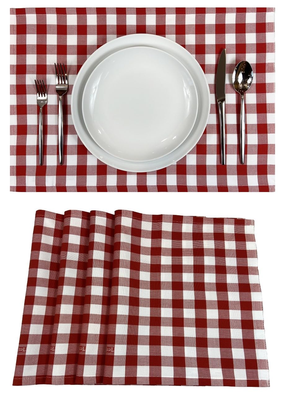 Premium Gingham Check Table Placemats Set of 4 - 100% Cotton Red Plaid Dining Mats 20x14 Inches by Carlo Lamperti Italy | Machine Washable Minimalist Fabric Place Settings for Kitchen, Dinner Party & Holiday Decor