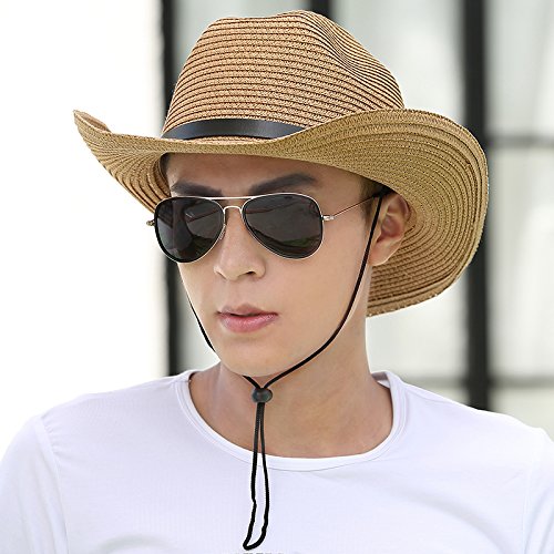 iHomey Packable Cowboy Sun Hat for Men & Women - Breathable Straw Summer Hat with Wide Brim, UV Protection & Adjustable Chin Strap - Perfect for Beach, Outdoor, Travel & Gardening