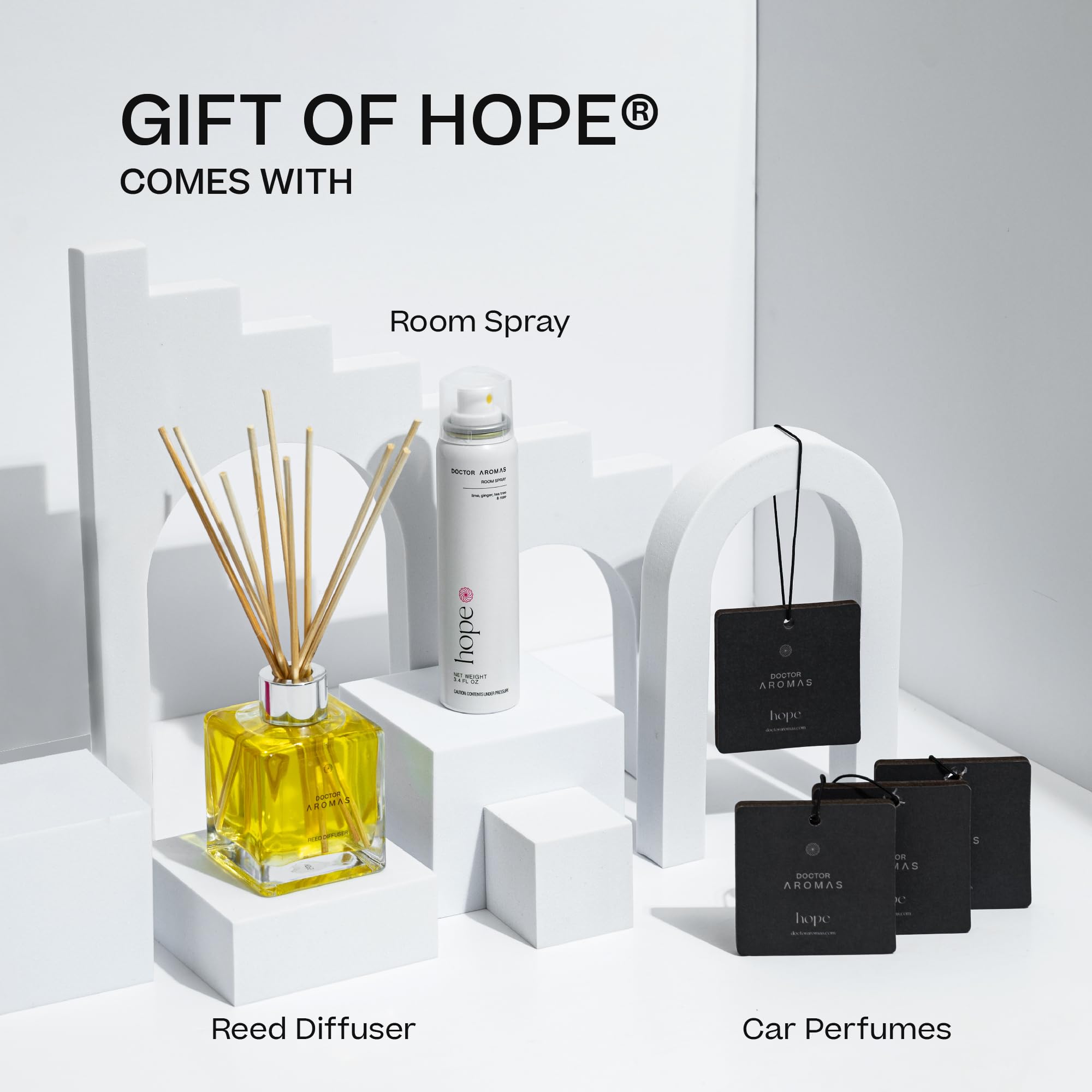 Doctor Aromas Gift of Hope Essential Oil Set - Reed Diffuser, Room Spray & 4 Car Fresheners | Natural Aromatherapy Kit for Home, Office & Car | Stress Relief & Air Freshening Gift Set