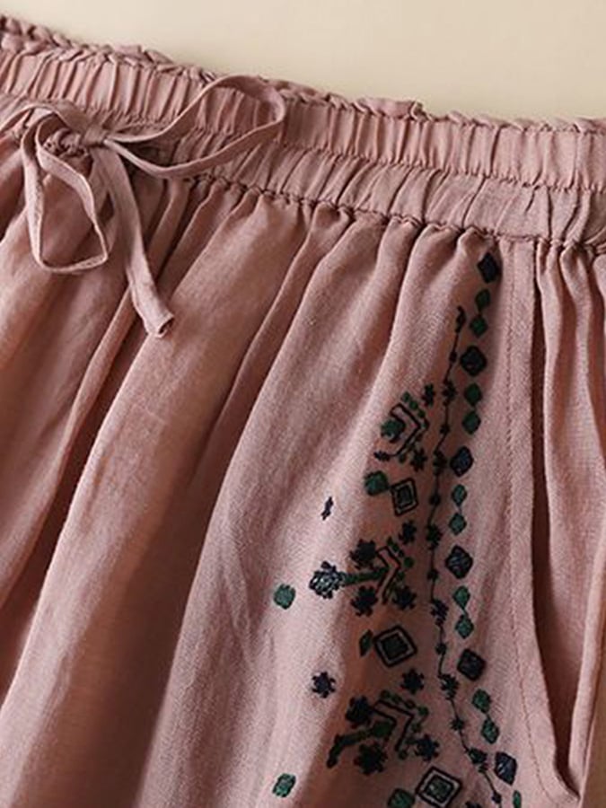 Lovevop Women's Cotton Linen Embroidered Midi Skirt - Bohemian Floral Loose Fit Casual Summer Skirt for Beach, Vacation & Everyday Wear