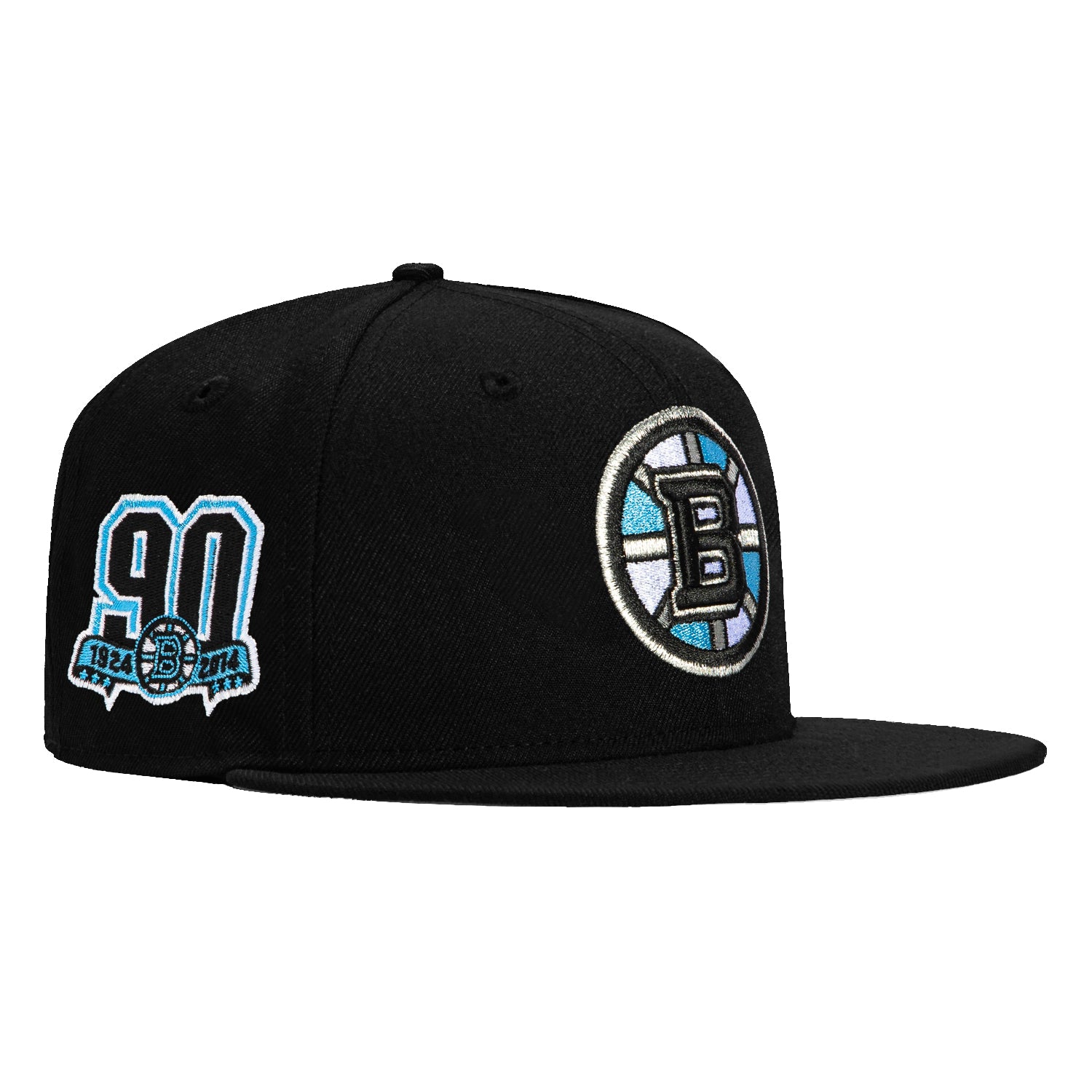New Era 59Fifty Boston Bruins 90th Anniversary Patch Snapback Hat - Black & Light Blue NHL Hockey Cap for Men & Women - Perfect for Games, Fan Gear & Streetwear Fashion