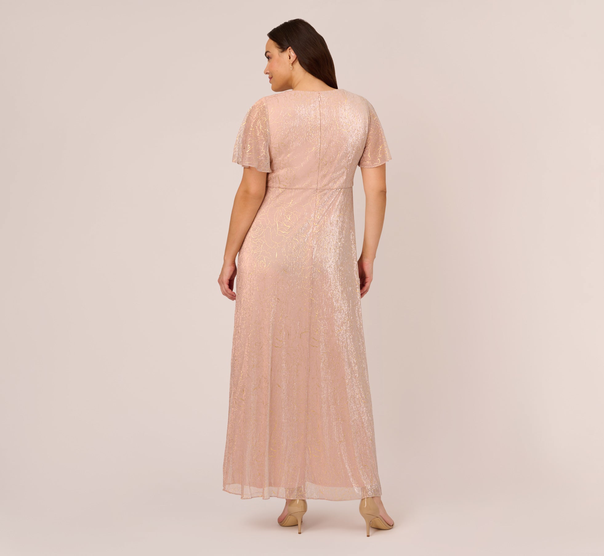 Plus Size Rose Gold Metallic Mesh Draped Gown for Women - Elegant Evening Dress for Prom, Wedding & Special Occasions