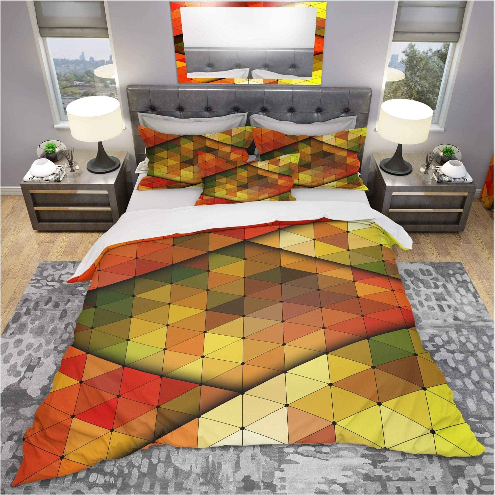 Designart 'Diamond Shaped Geometry' Modern Bedding Set - Yellow, Red & Green Duvet Cover with 2 King Shams | Contemporary King Size Comforter Cover for Master Bedroom & Guest Room Decor