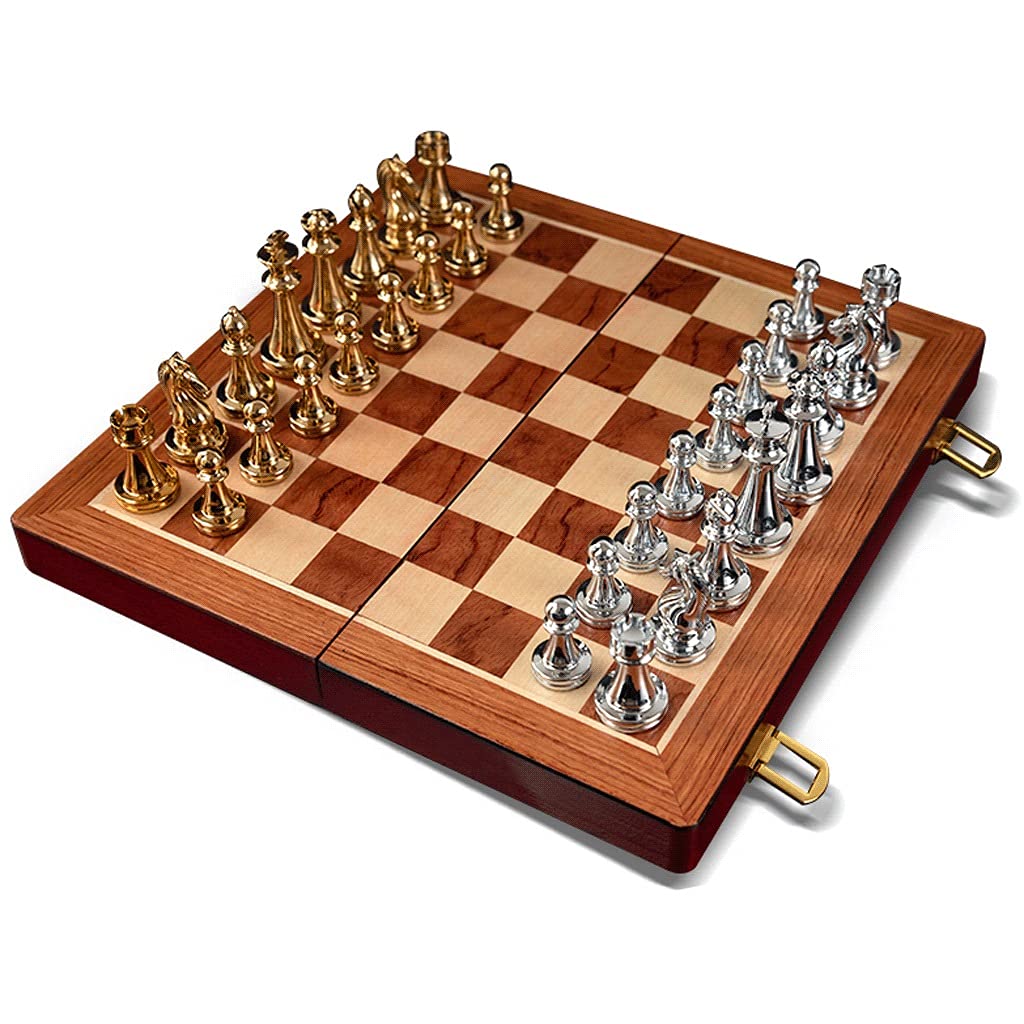 LIUHUI Handcrafted Folding Metal Chess Set with Storage - Retro Copper Plated Chess Pieces & Wooden Board Game - Perfect for Home Decor, Office Decor, and Gift Giving (Color: Chess Set C)