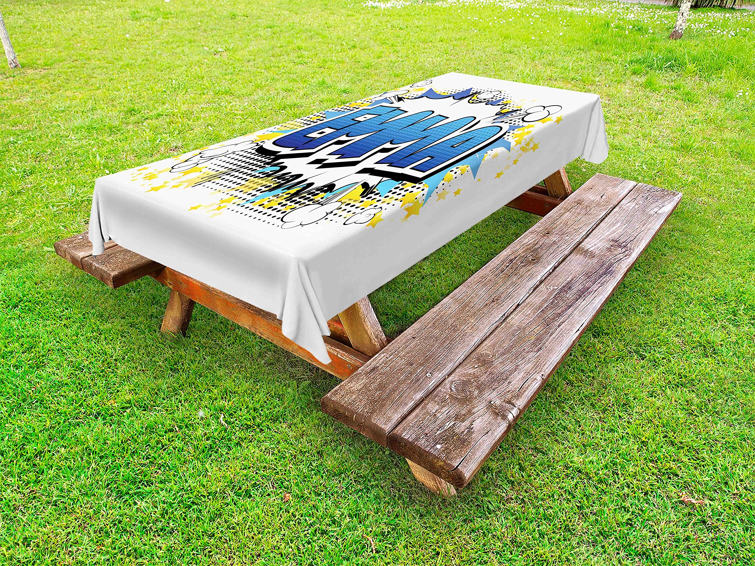 Ambesonne Emma Waterproof Outdoor Tablecloth - Vibrant Cartoon Stars & Burst Design for Teen Girls - Washable Picnic Table Cover 58x84 Inches in Blue, Yellow & Black - Perfect for Backyard BBQs, Birthday Parties & Summer Picnics