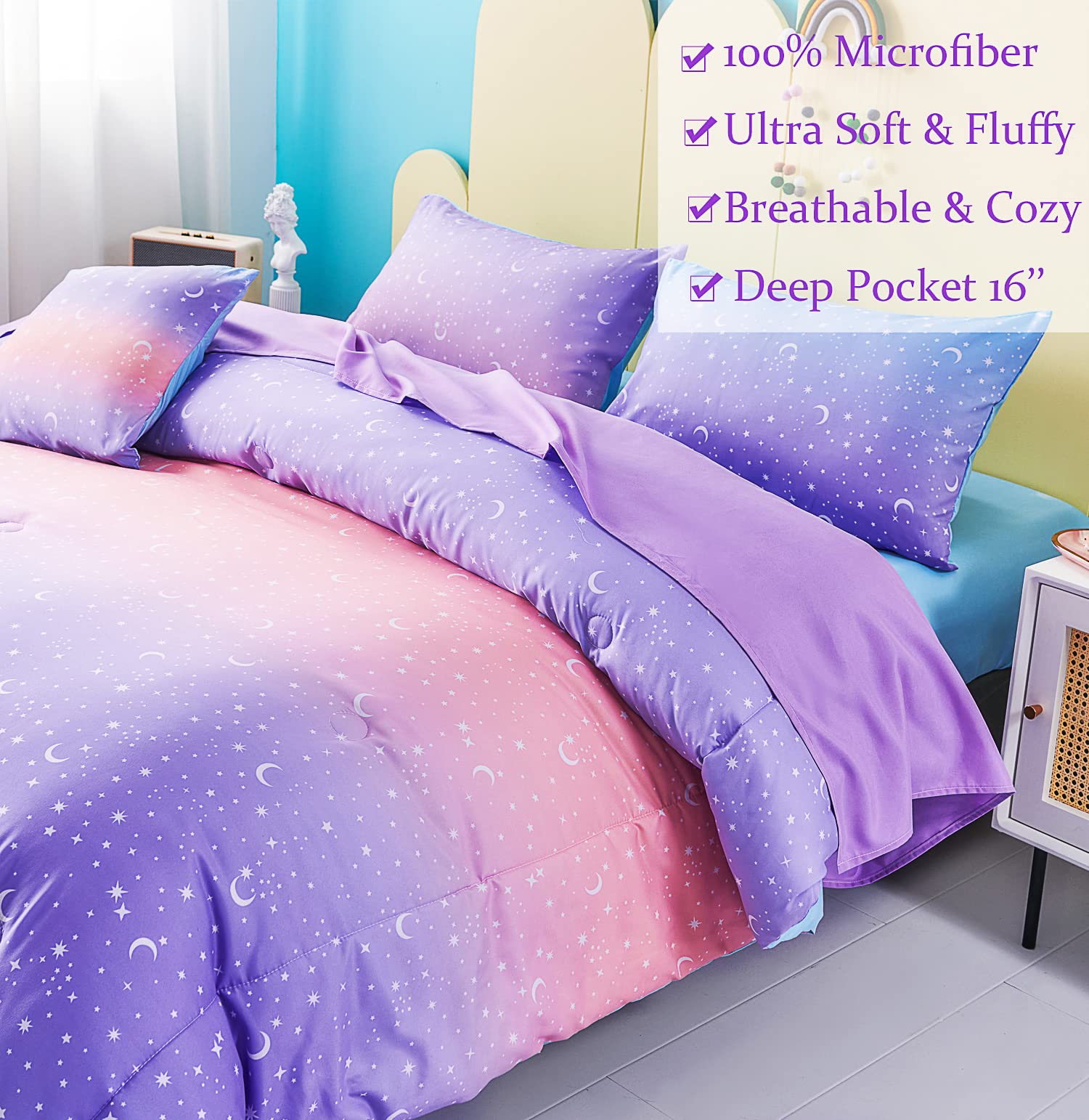 URBONUR 6-Piece Queen Size Girls' Bedding Set - Gradient Purple & Orange Glitter Moon Star Printed Comforter, Soft Breathable All-Season Bed in a Bag | Perfect for Teen Bedrooms, Sleepovers & Cozy Nights (Star Design)