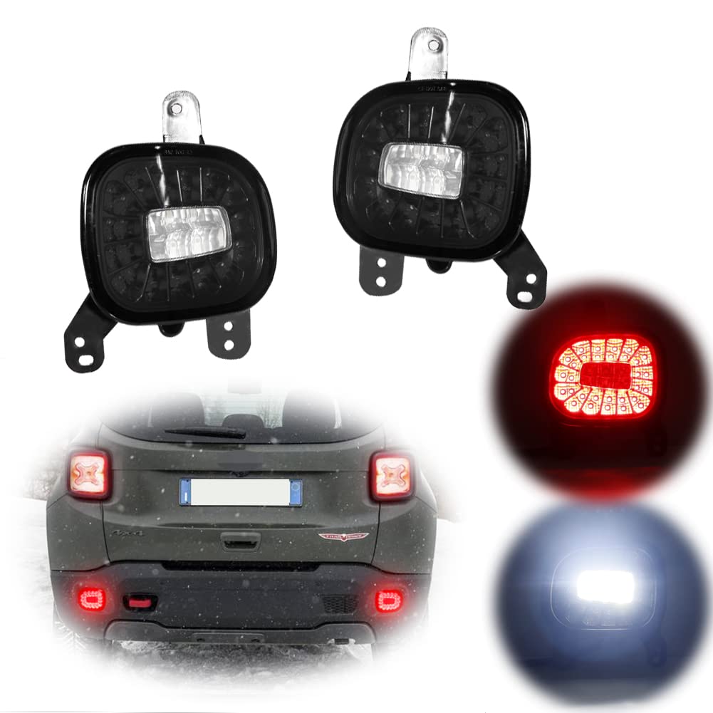 GTINTHEBOX Smoked Lens LED Rear Bumper Reflectors with White Backup Reverse Lights - Compatible with 2015-2022 Jeep Renegade | Fog Tail Lamps Upgrade Kit for Enhanced Night Visibility & Safety Driving