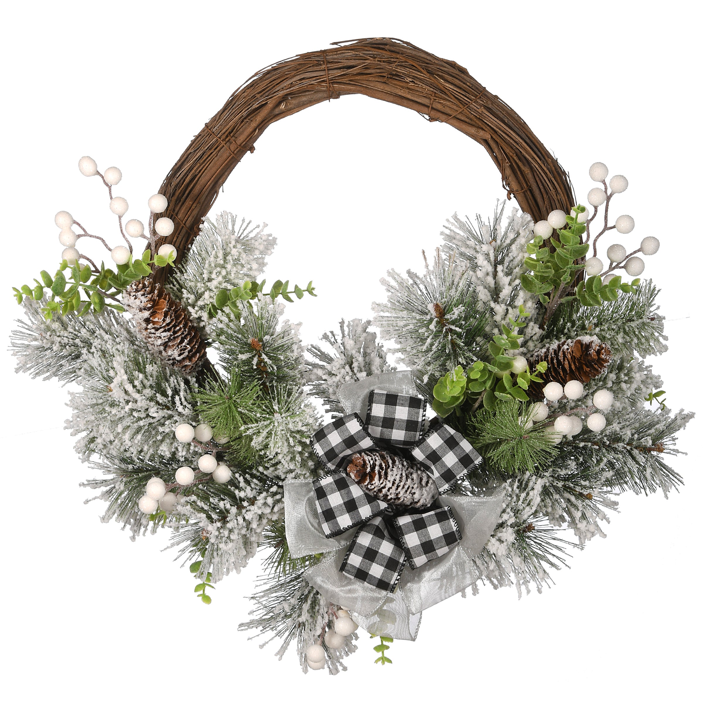 22 Inch Snowy Christmas Wreath with Red Bow - Holiday Front Door Decor for Winter & Christmas Season