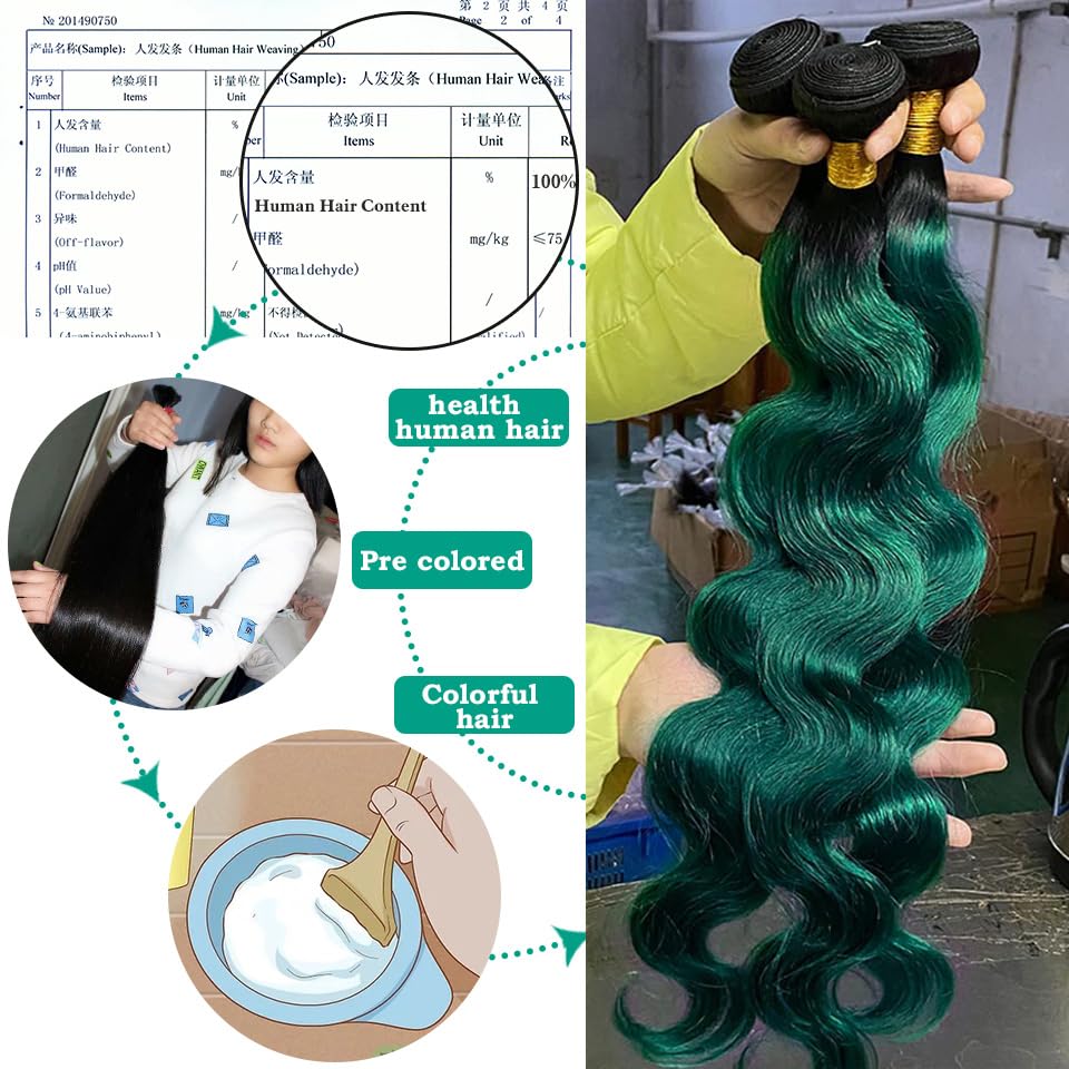 1B/Green 10A Brazilian Ombre Body Wave Virgin Hair Extensions - 3 Bundles 100% Human Hair Weave (18 20 22 Inch) - T1B/Green Remy Hair for Length & Volume - Perfect for Parties, Weddings & Daily Styling