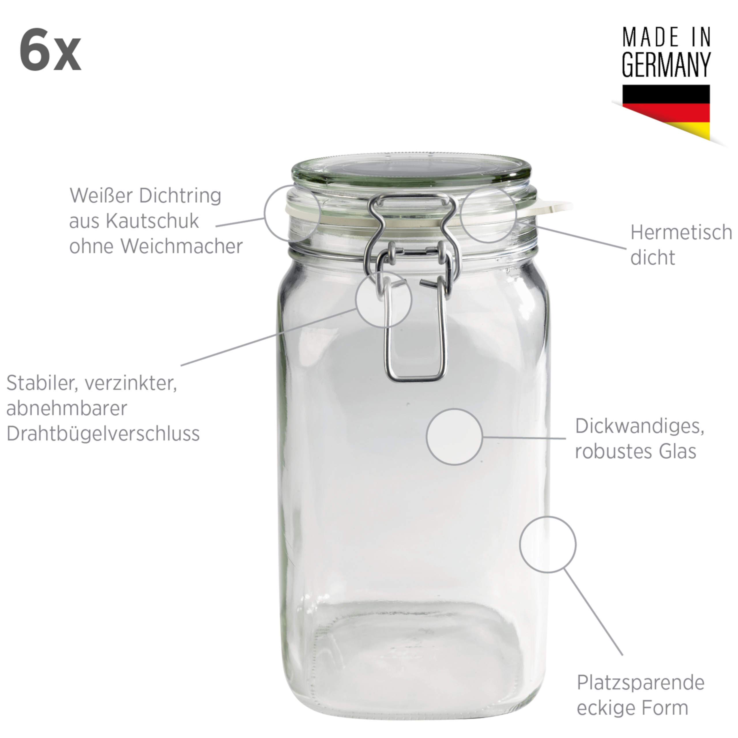 Gothika Series 6-Pack 2.5L Medium Swing Top Storage Jars with Gherkin Clip - Airtight Glass Containers for Pickles, Fermented Foods, Dry Goods & Pantry Organization - Perfect for Home Canning, Meal Prep & Kitchen Storage