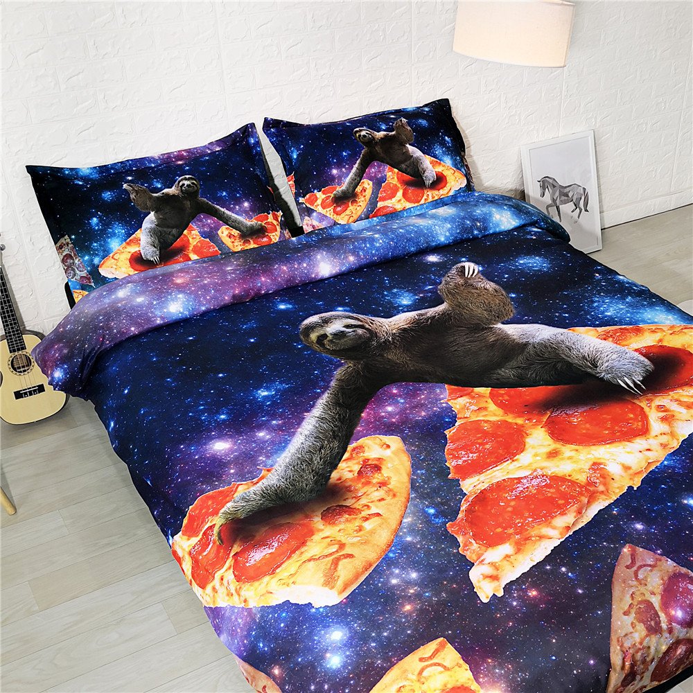 Cozy 3-Piece Sloth on Pizza & Galaxy Kids Bedding Set - Twin, Full, Queen, King Size Duvet Cover + 2 Shams (JF531) | Fun Space-Themed Bedroom Decor for Boys & Girls